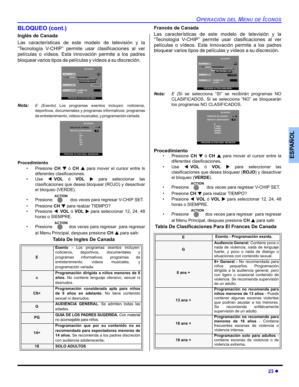 Es p añol bloqueo (cont.), 23 z, Tabla de ingles de canada | Procedimiento, Tabla de clasificaciones para el frances de canada | Panasonic CT-30WC14 User Manual | Page 55 / 96