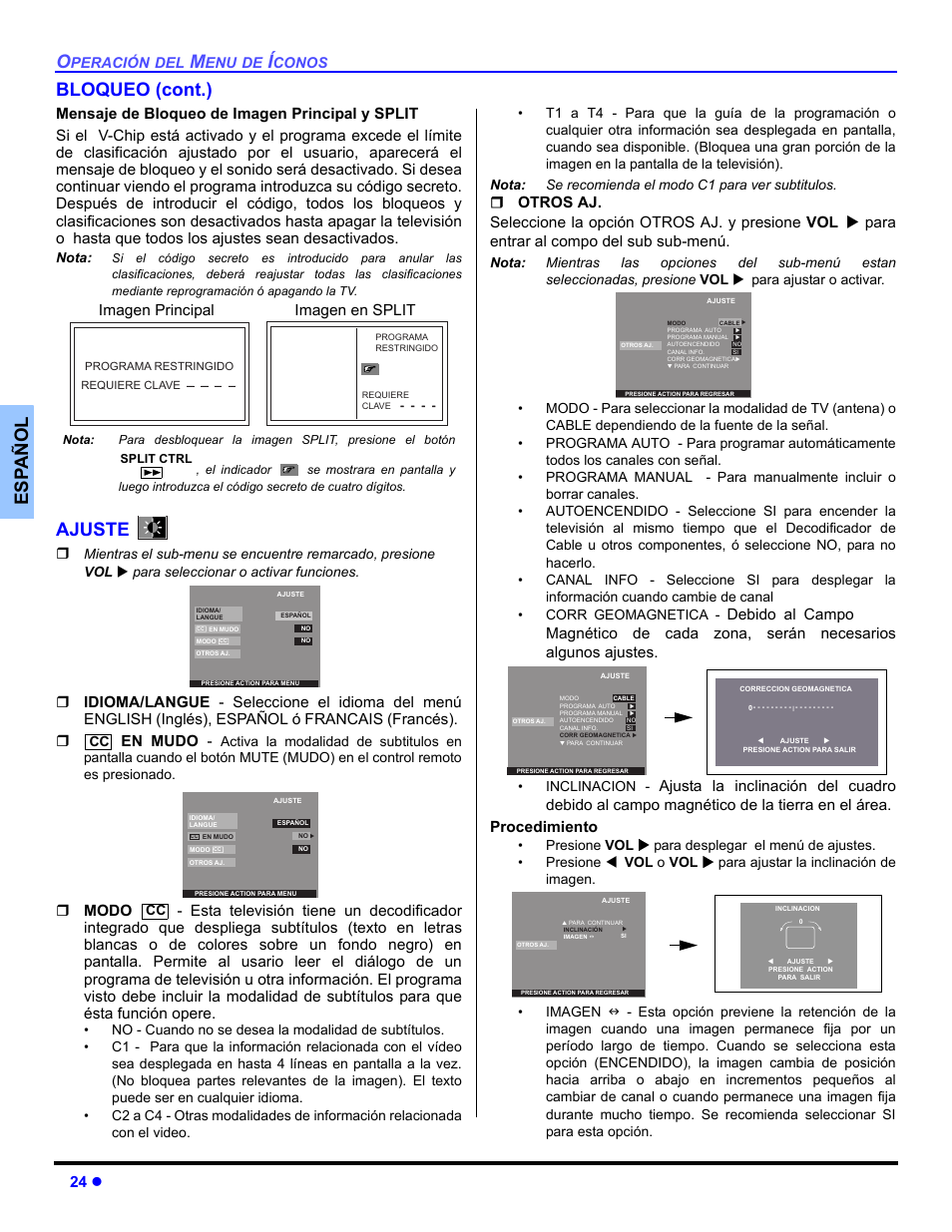 Ajuste, Es p añol bloqueo (cont.), 24 z | Imagen principal imagen en split | Panasonic CT-30WC14 User Manual | Page 56 / 96