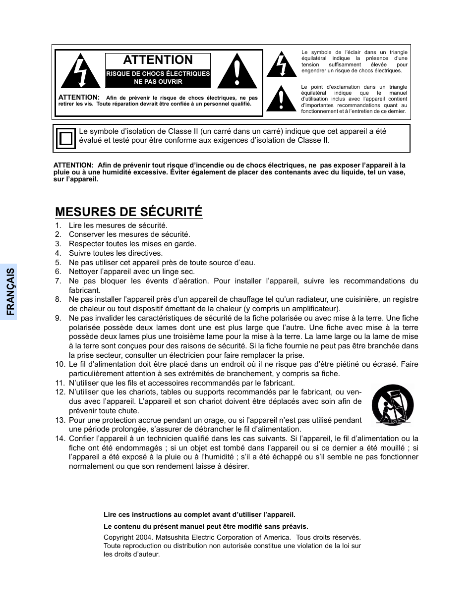Attention, Mesures de sécurité, Françai s | Panasonic CT-30WC14 User Manual | Page 62 / 96