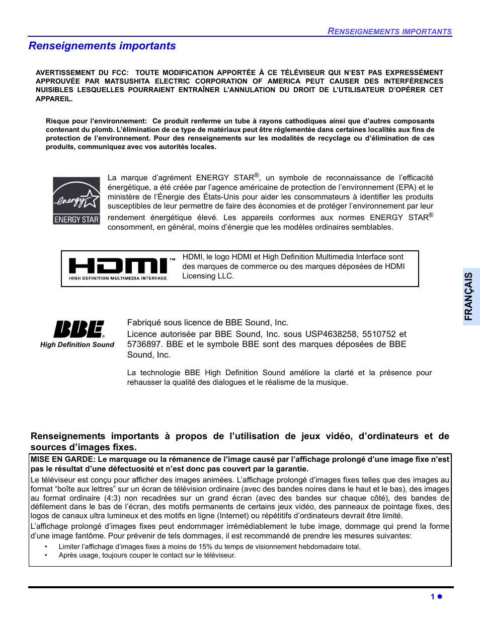 Renseignements importants, Françai s | Panasonic CT-30WC14 User Manual | Page 63 / 96