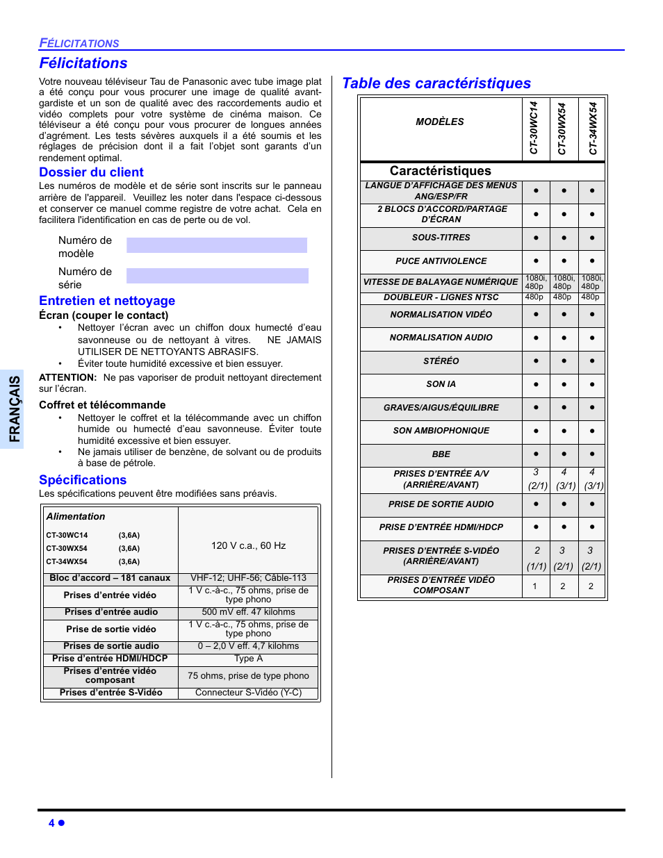 Dossier du client, Entretien et nettoyage, Specifications | Table des caracteristiques, Félicitations, Table des caractéristiques, Françai s, Spécifications, Caractéristiques | Panasonic CT-30WC14 User Manual | Page 66 / 96