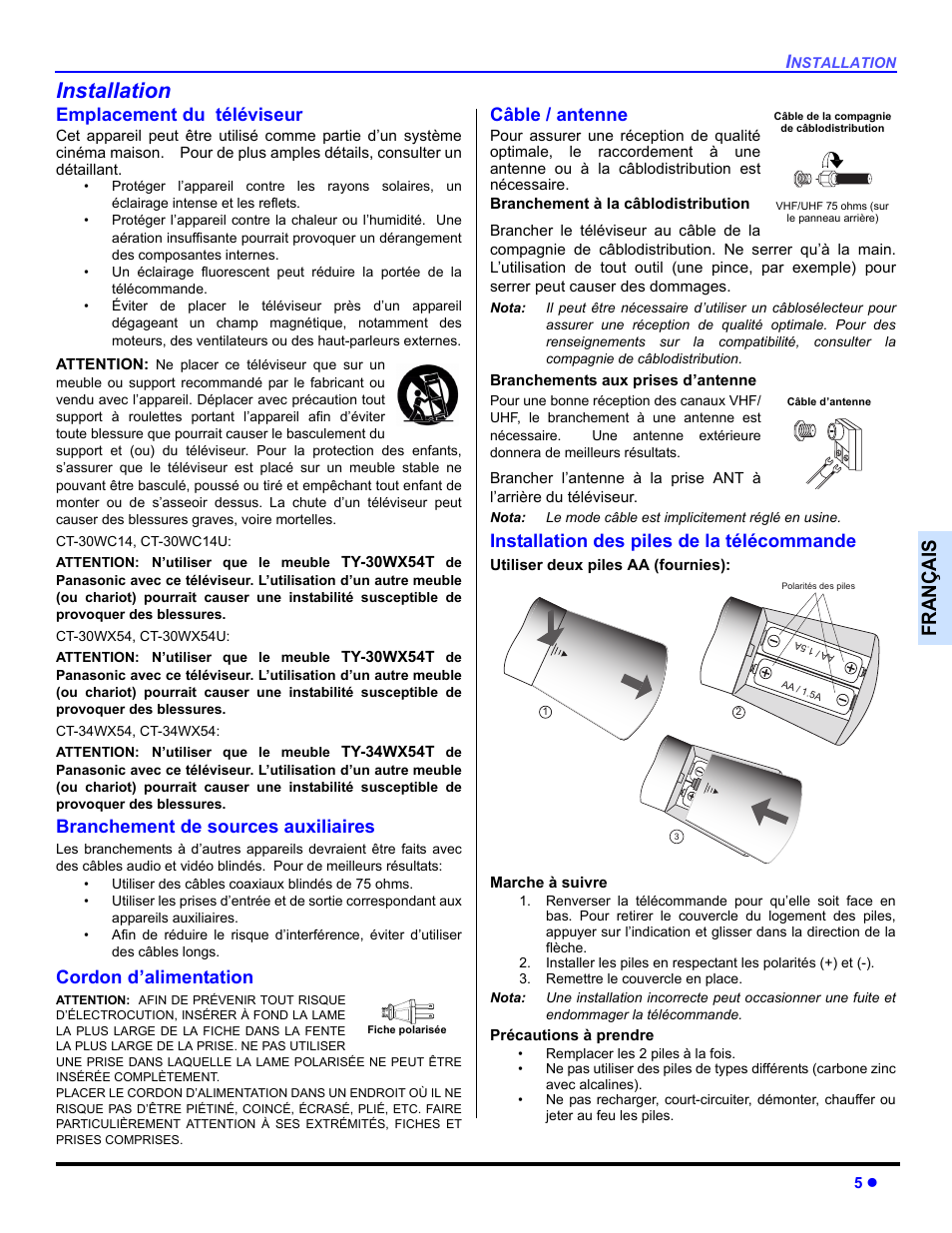 Installation, Emplacement du televiseur, Branchement de sources auxiliaires | Cordon d'alimentation, Cable / antenne, Installation des piles de la telecommande, Françai s, Emplacement du téléviseur, Cordon d’alimentation, Câble / antenne | Panasonic CT-30WC14 User Manual | Page 67 / 96