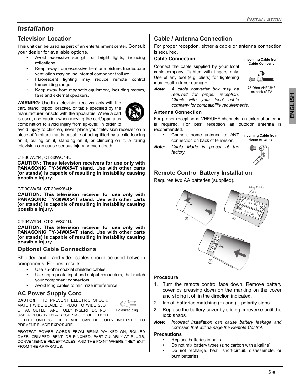 Installation, Television location, Optional cable connections | Ac power supply cord, Cable / antenna connection, Remote control battery installation, Engli s h | Panasonic CT-30WC14 User Manual | Page 7 / 96