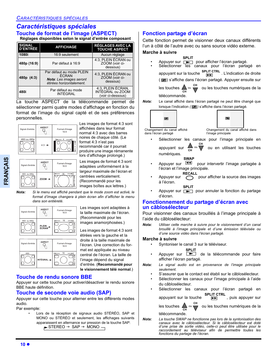 Caracteristiques speciales, Touche de format de l'image (aspect), Touche de rendu sonore bbe | Touche de seconde voie audio (sap), Fonction partage d'ecran, Caractéristiques spéciales, Françai s, Touche de format de l’image (aspect), Fonction partage d’écran | Panasonic CT-30WC14 User Manual | Page 72 / 96