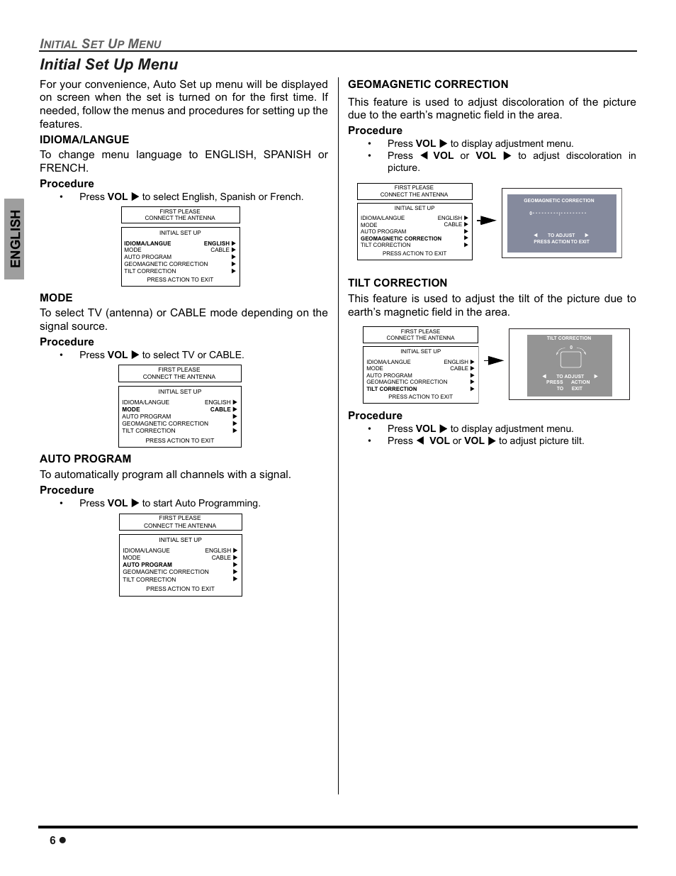 Initial set up menu, Engli s h | Panasonic CT-30WC14 User Manual | Page 8 / 96
