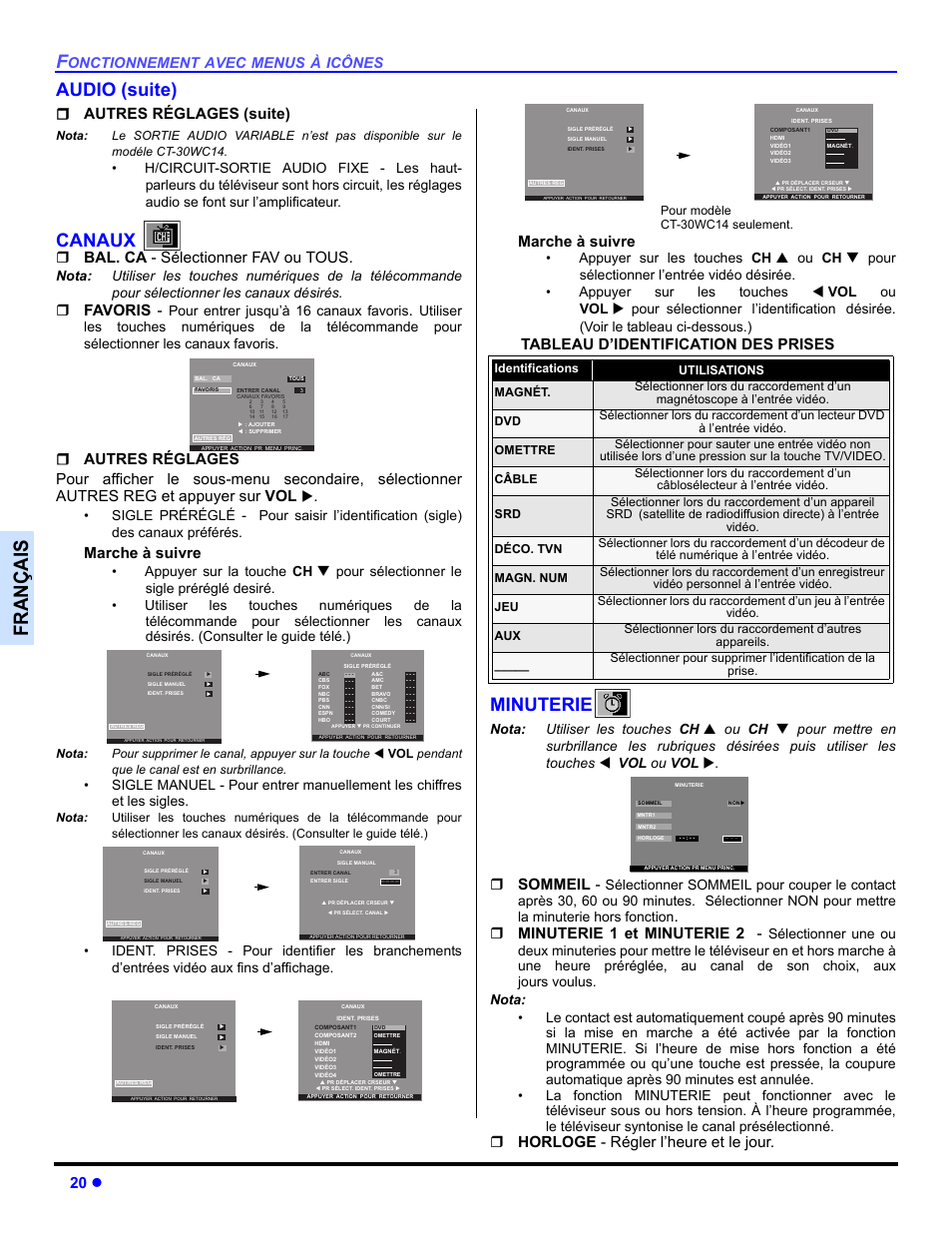 Canaux, Minuterie, Françai s | Audio (suite), 20 z, Autres réglages (suite), Bal. ca - sélectionner fav ou tous, Favoris, Marche à suivre, Sommeil | Panasonic CT-30WC14 User Manual | Page 82 / 96