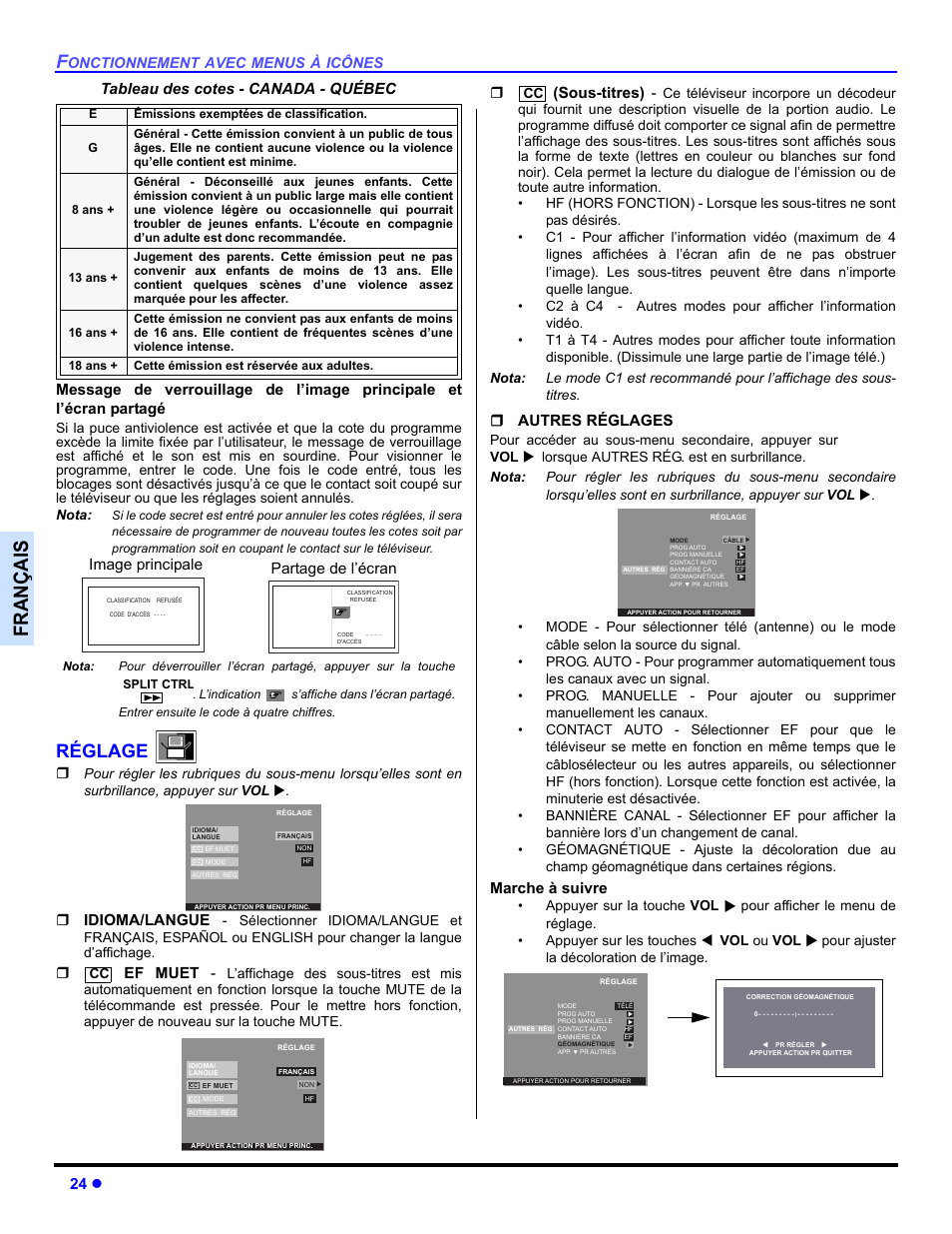 Reglage, Françai s, Réglage | 24 z, Tableau des cotes - canada - québec, Idioma/langue, Ef muet, Sous-titres), Autres réglages, Marche à suivre | Panasonic CT-30WC14 User Manual | Page 86 / 96