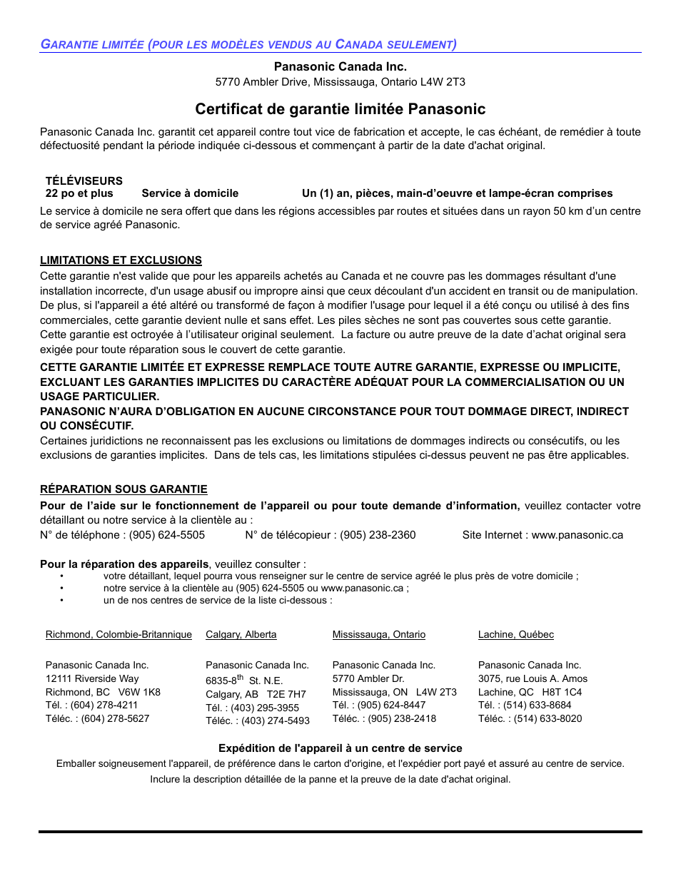Certificat de garantie limitée panasonic | Panasonic CT-30WC14 User Manual | Page 94 / 96