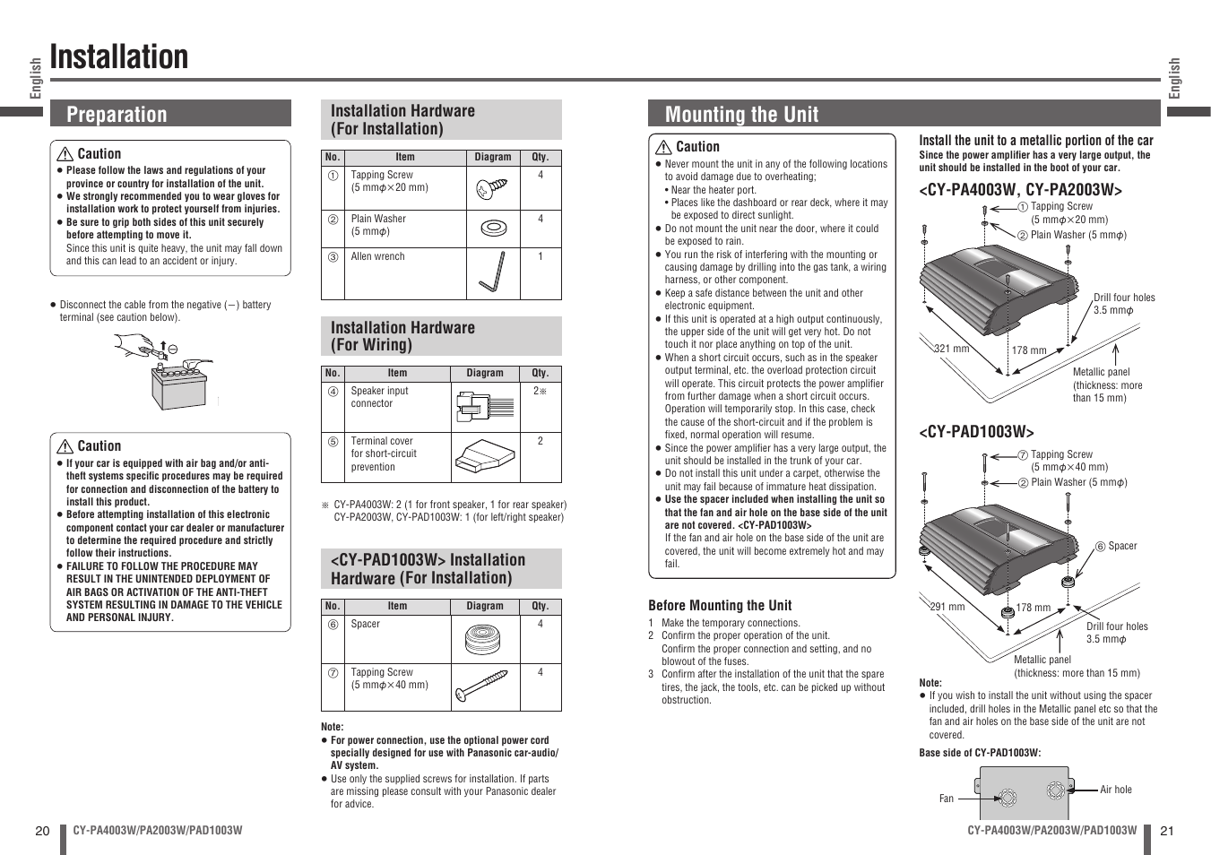 Installation, Preparation, Mounting the unit | Panasonic CY-PA4003W User Manual | Page 11 / 18