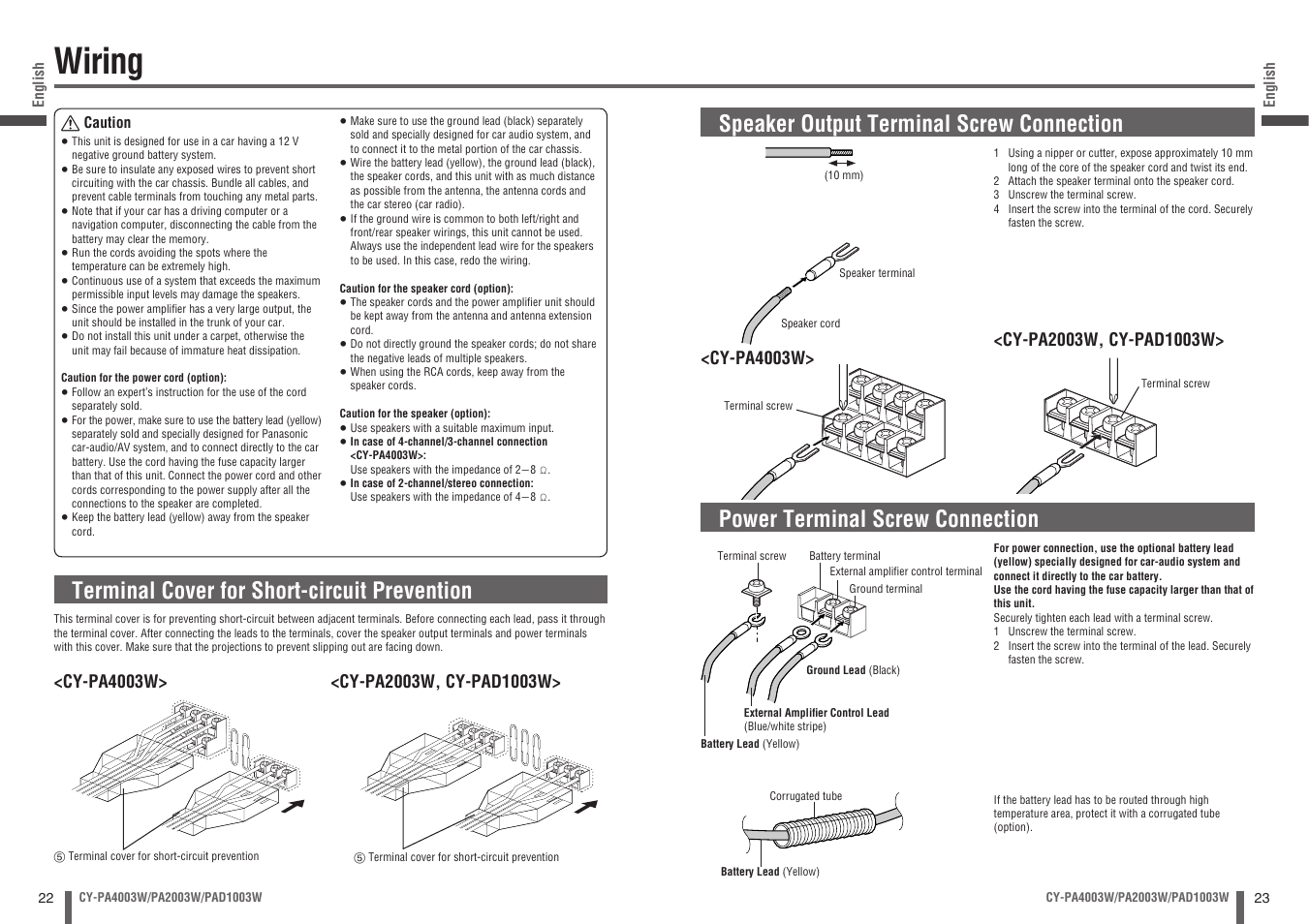 Wiring, Terminal cover for short-circuit prevention | Panasonic CY-PA4003W User Manual | Page 12 / 18