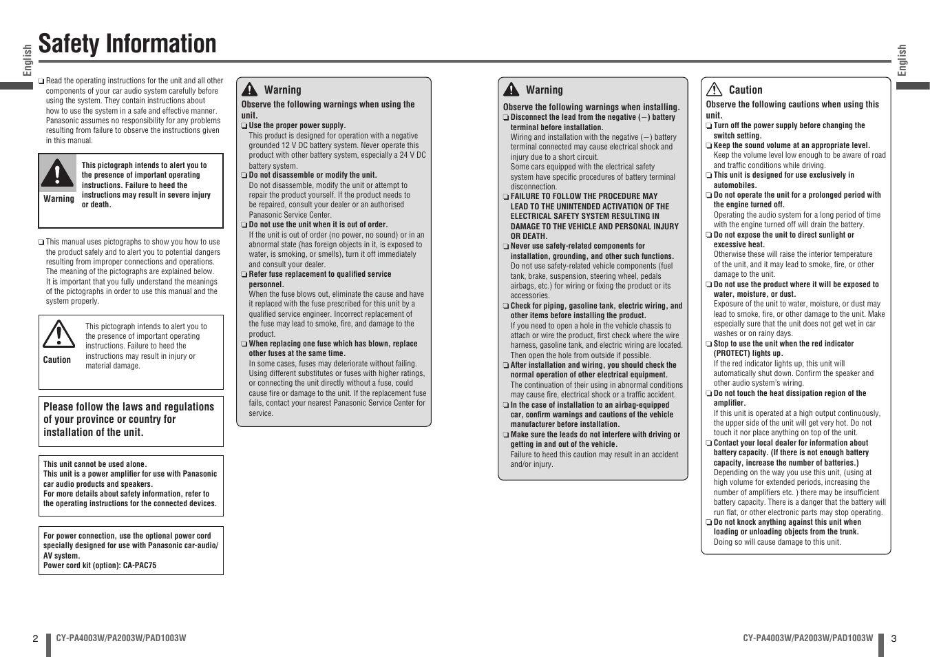 Safety information | Panasonic CY-PA4003W User Manual | Page 2 / 18