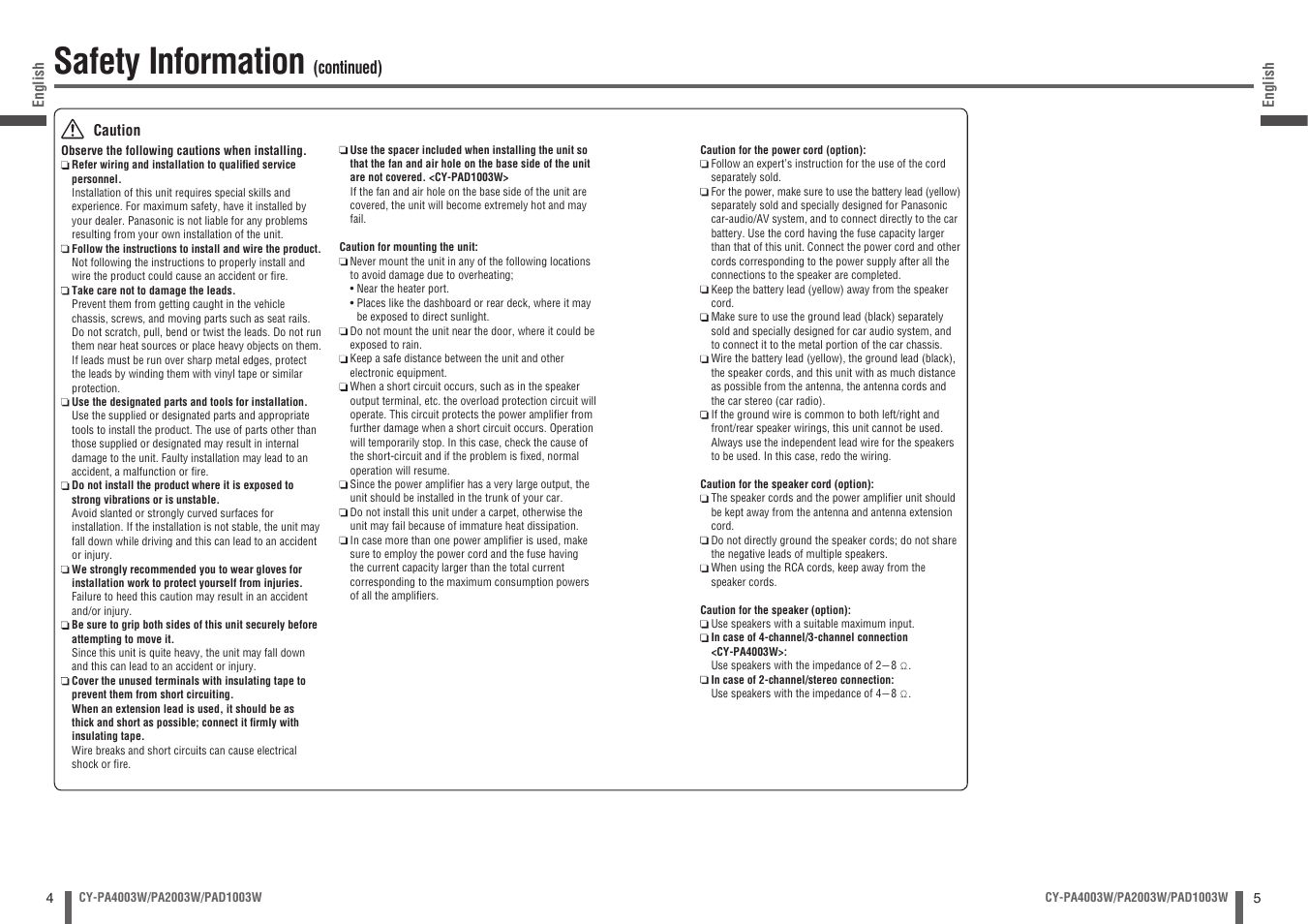 Safety information, Continued) | Panasonic CY-PA4003W User Manual | Page 3 / 18