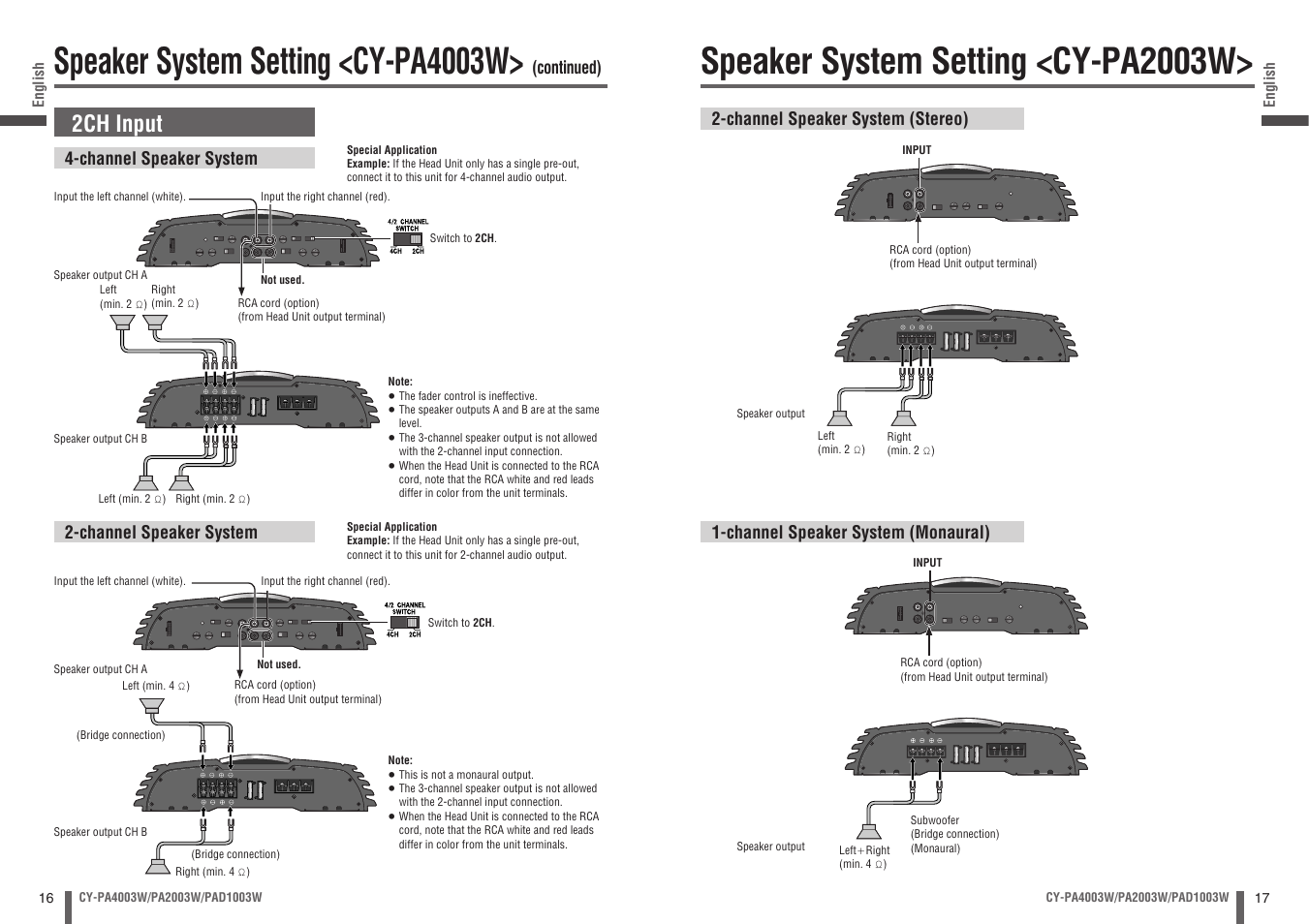 Speaker system setting <cy-pa4003w, Speaker system setting <cy-pa2003w, 2ch input | Panasonic CY-PA4003W User Manual | Page 9 / 18