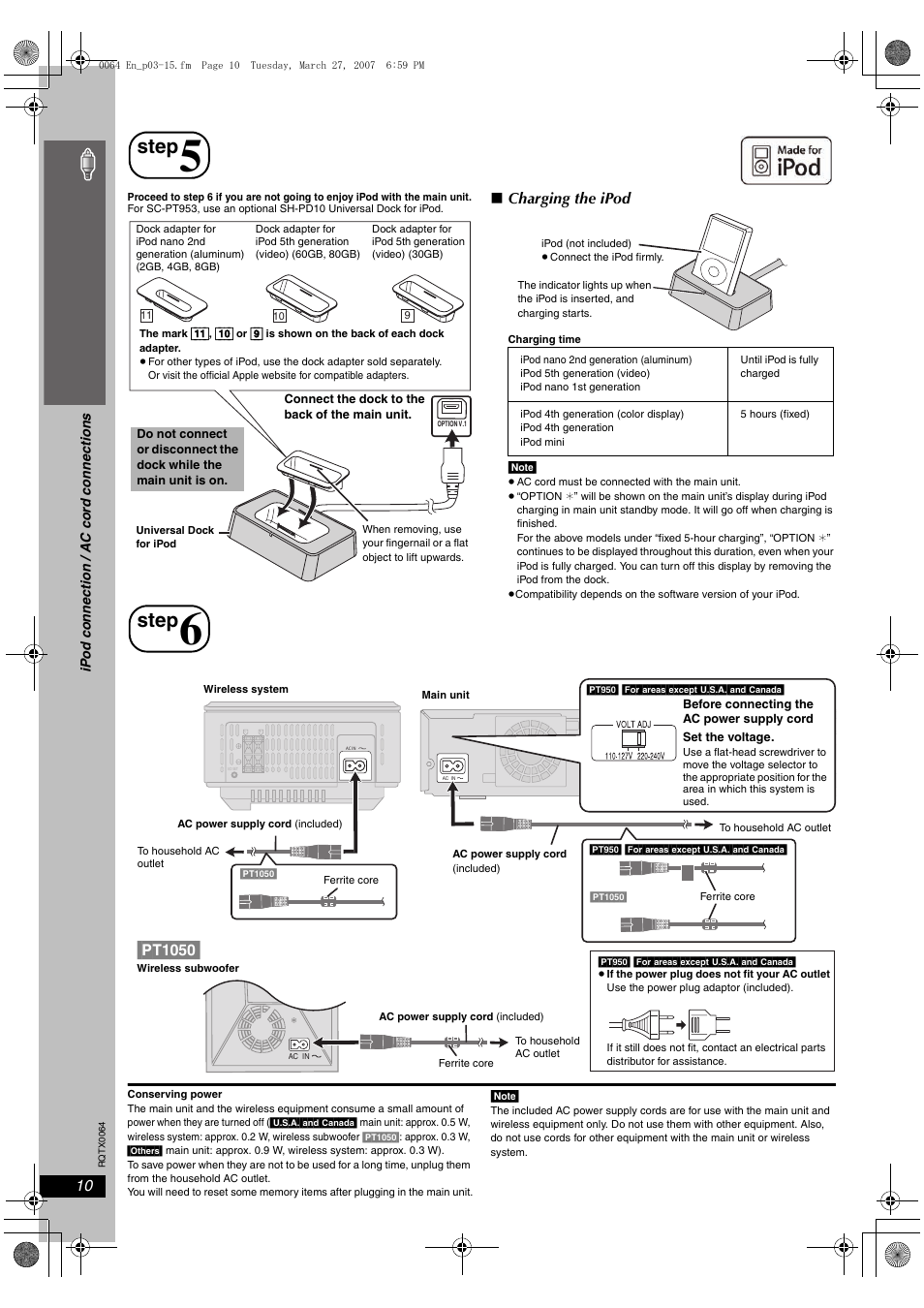 Step 5 ipod connection, Step 6 ac cord connections, Step | Ipod connection, Ac cord connections, Pt1050, Si mp le s etu p | Panasonic SCPT1050 User Manual | Page 10 / 44