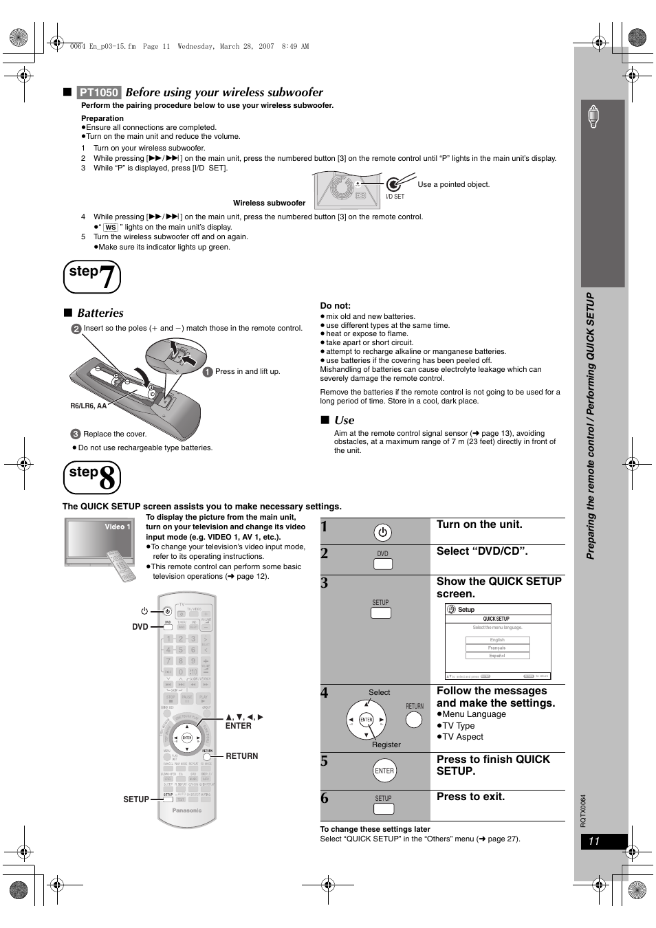 Step 7 preparing the remote control, Step 8 performing quick setup, Step | Pt1050, Preparing the remote control, Performing quick setup, Before using your wireless subwoofer, Batteries | Panasonic SCPT1050 User Manual | Page 11 / 44