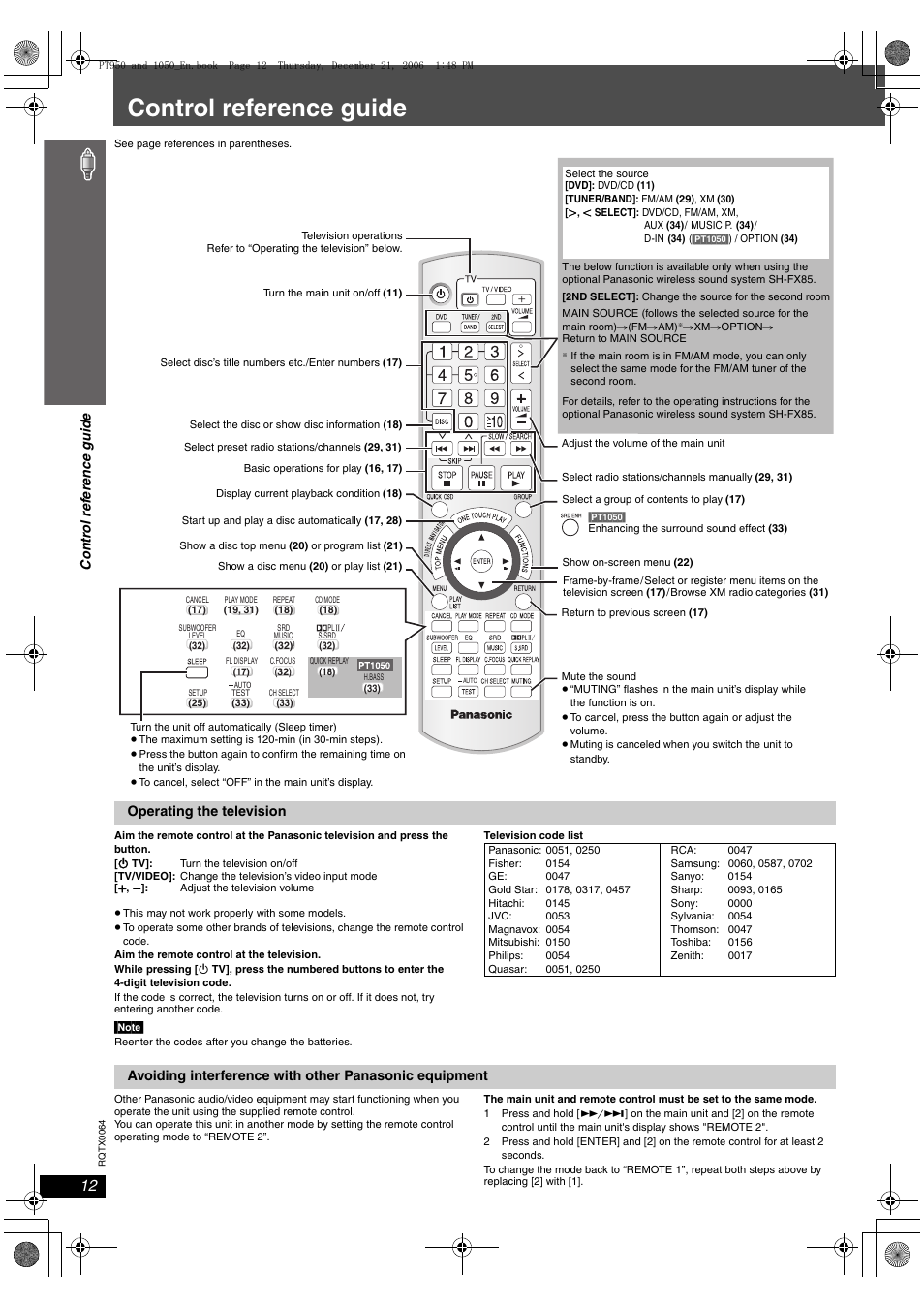Control reference guide | Panasonic SCPT1050 User Manual | Page 12 / 44