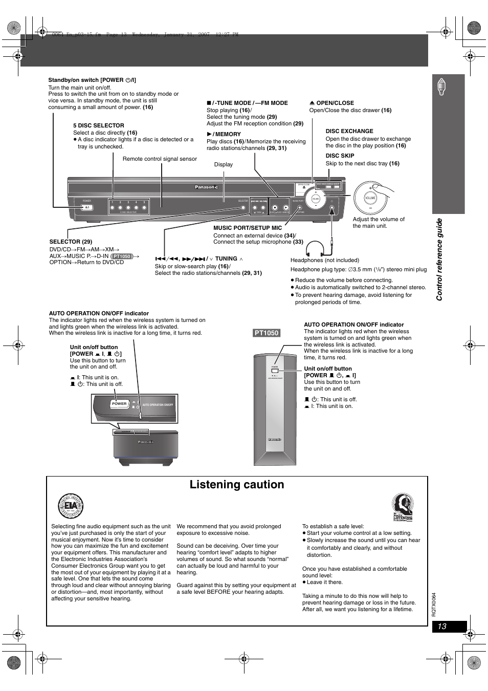 Listening caution, Pt1050 | Panasonic SCPT1050 User Manual | Page 13 / 44