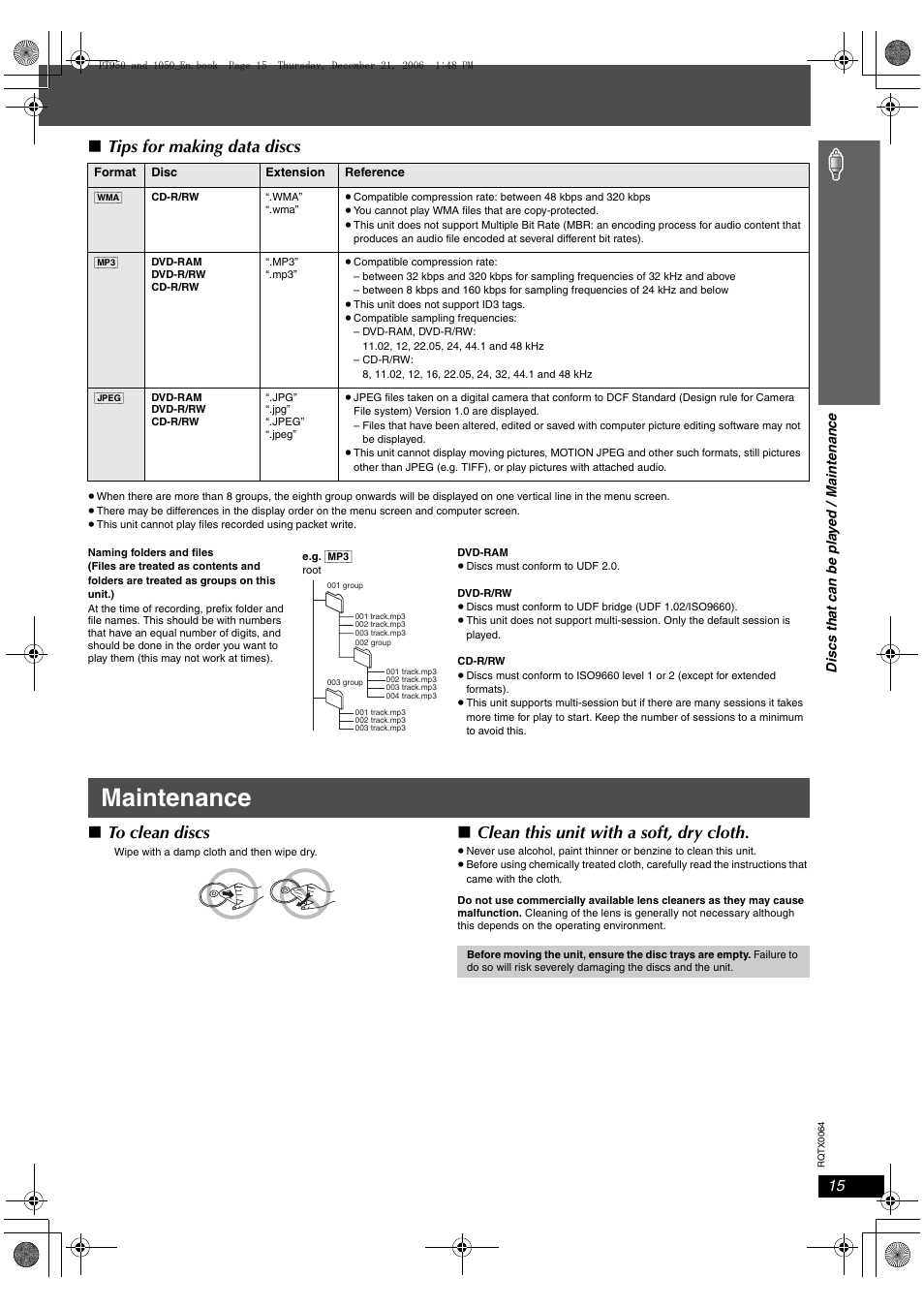 Maintenance, Tips for making data discs, Clean this unit with a soft, dry cloth | Panasonic SCPT1050 User Manual | Page 15 / 44