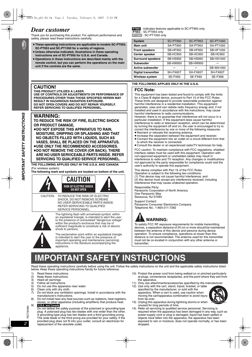 Getting started, Important safety instructions, Dear customer | Warning, Caution | Panasonic SCPT1050 User Manual | Page 2 / 44