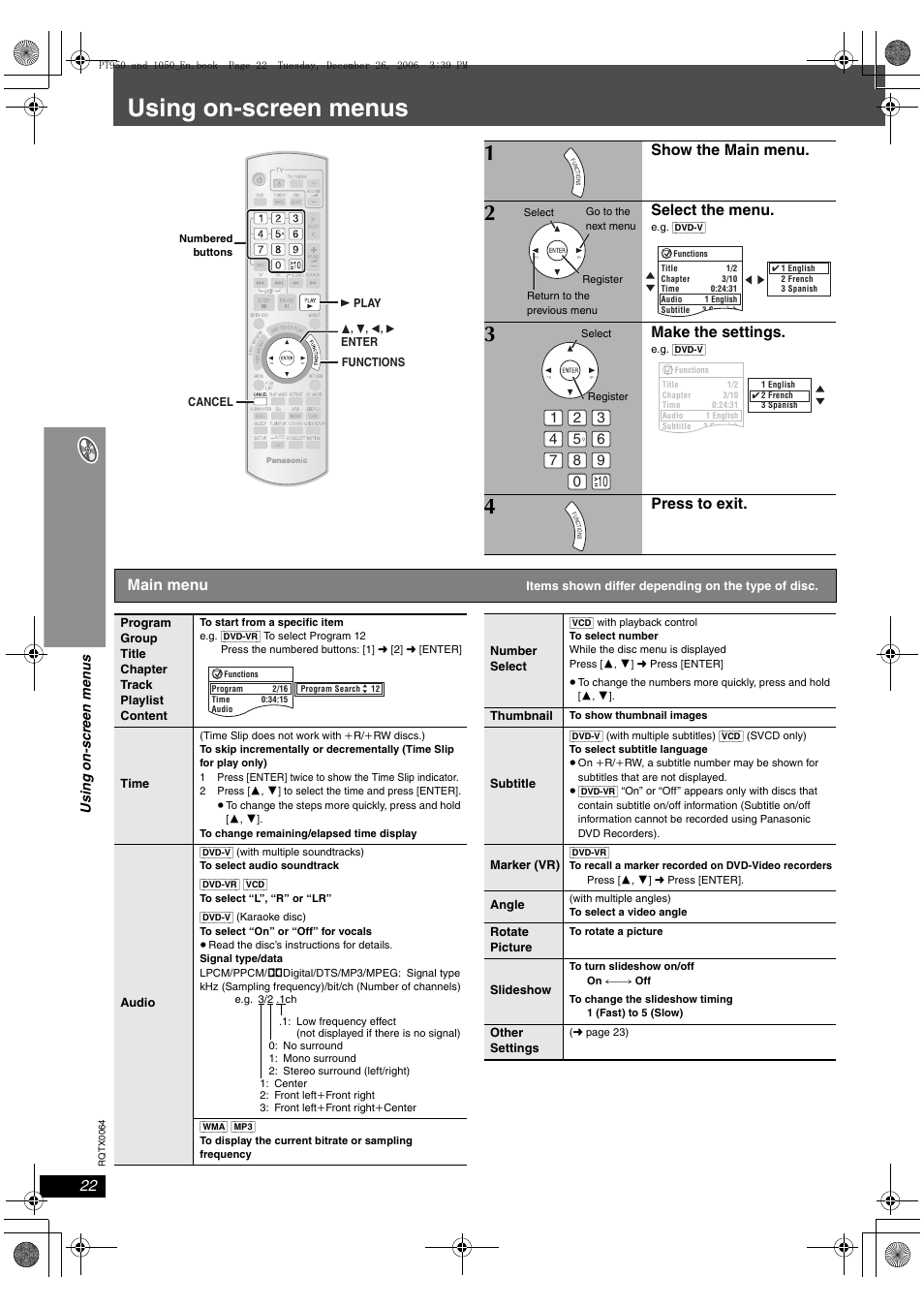 Using on-screen menus, Show the main menu, Select the menu | Make the settings, Press to exit, Main menu | Panasonic SCPT1050 User Manual | Page 22 / 44