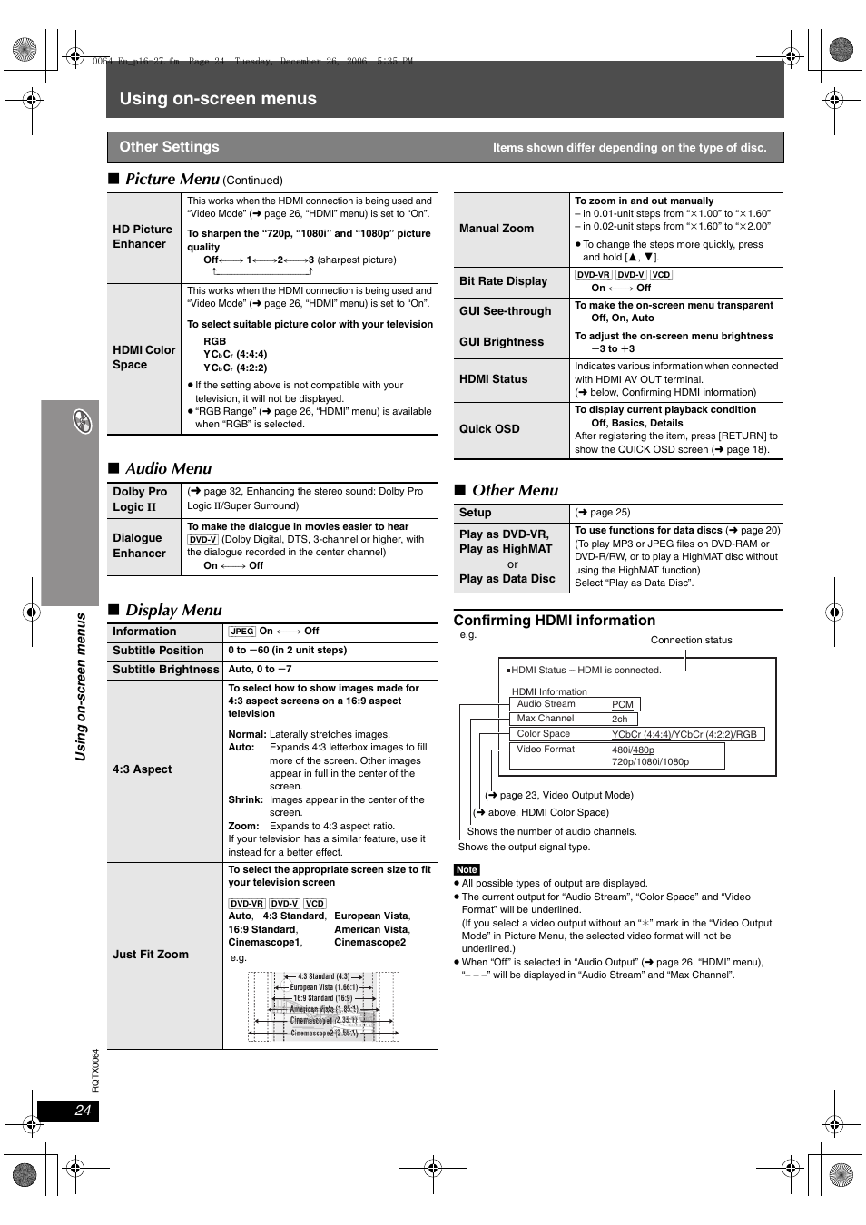 Using on-screen menus, Picture menu, Audio menu ∫ display menu ∫ other menu | Confirming hdmi information, Other settings | Panasonic SCPT1050 User Manual | Page 24 / 44