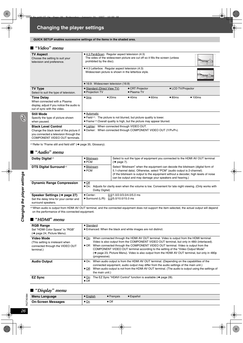 Changing the player settings, Video ” menu, Audio ” menu | Hdmi ” menu ∫ “ display ” menu | Panasonic SCPT1050 User Manual | Page 26 / 44
