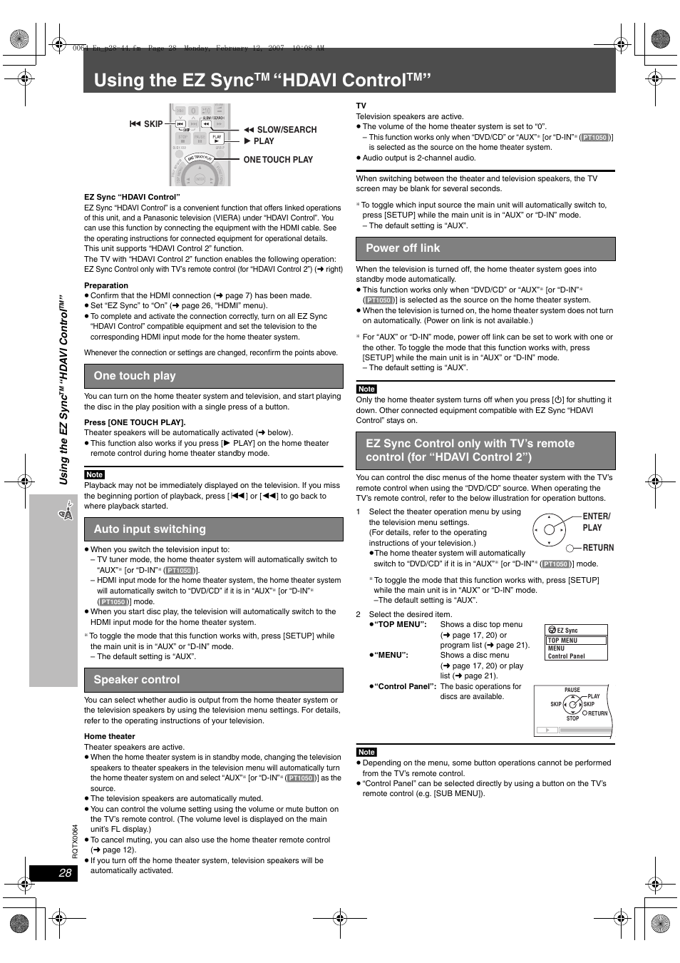 Other operations, Using the ez sync “hdavi control, Using the ez sync | Hdavi control | Panasonic SCPT1050 User Manual | Page 28 / 44