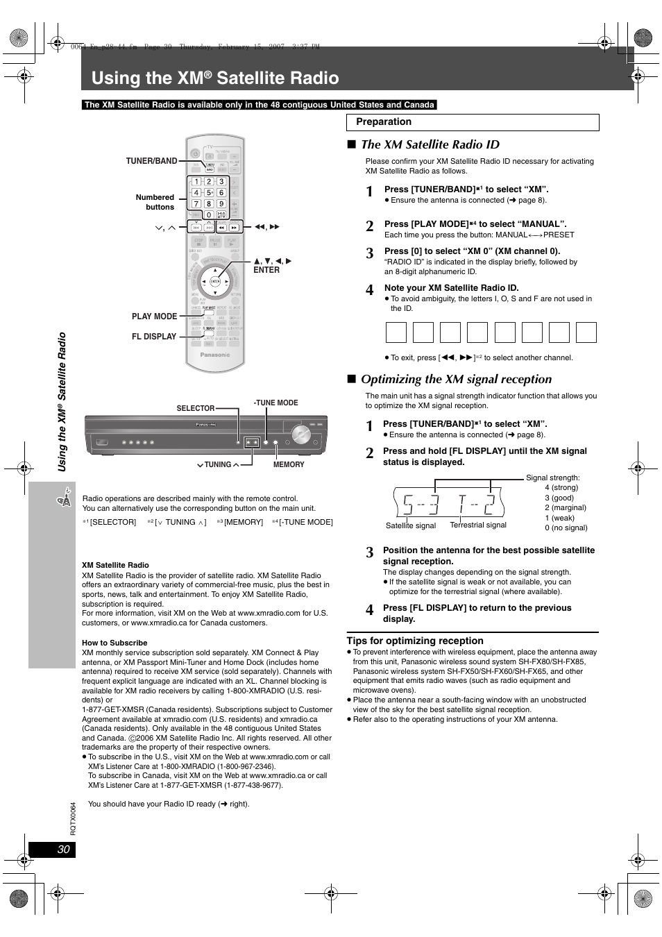 Using the xm® satellite radio, Using the xm, Satellite radio | The xm satellite radio id, Optimizing the xm signal reception | Panasonic SCPT1050 User Manual | Page 30 / 44