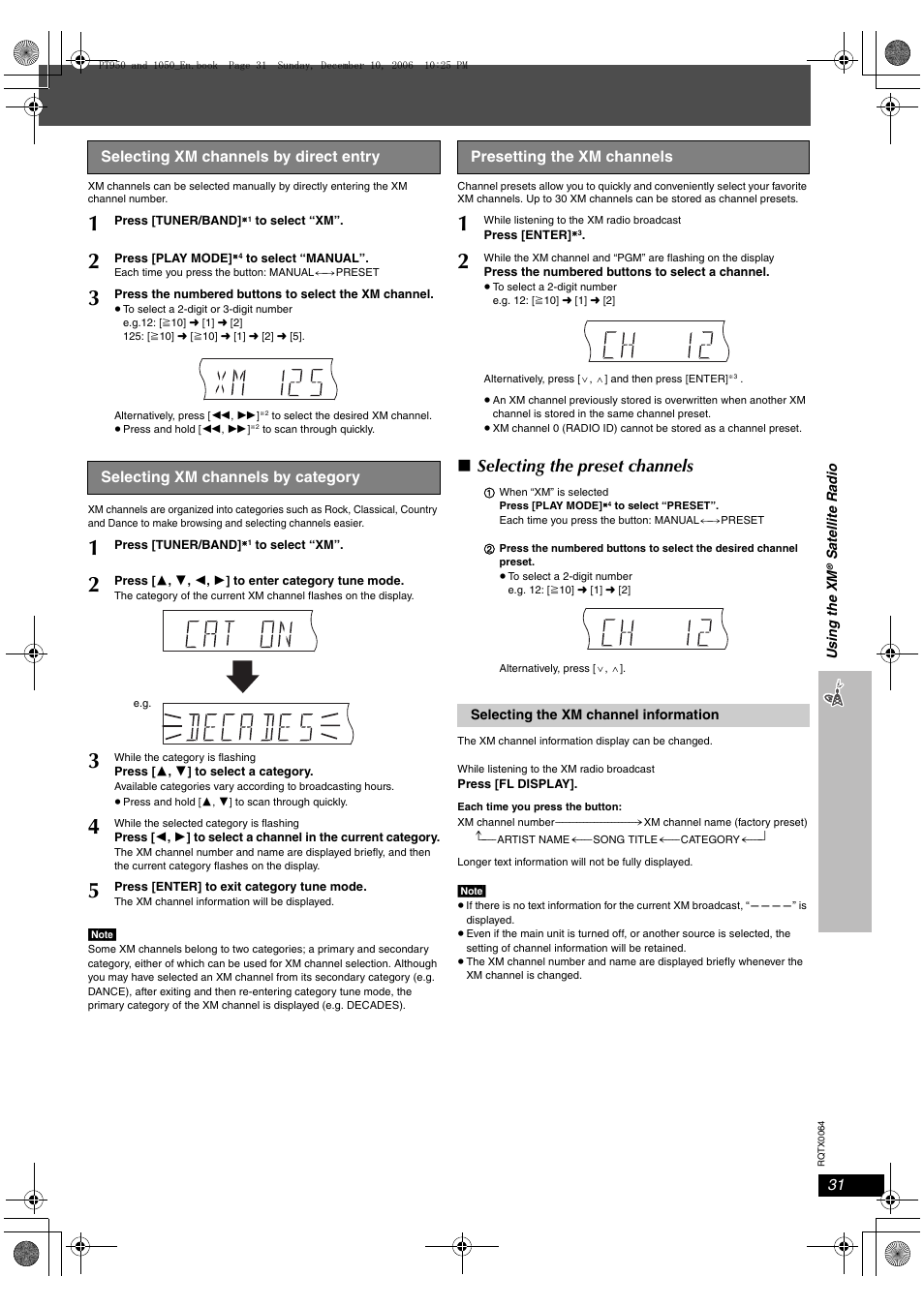 Selecting the preset channels, Selecting xm channels by direct entry, Selecting xm channels by category | Presetting the xm channels | Panasonic SCPT1050 User Manual | Page 31 / 44