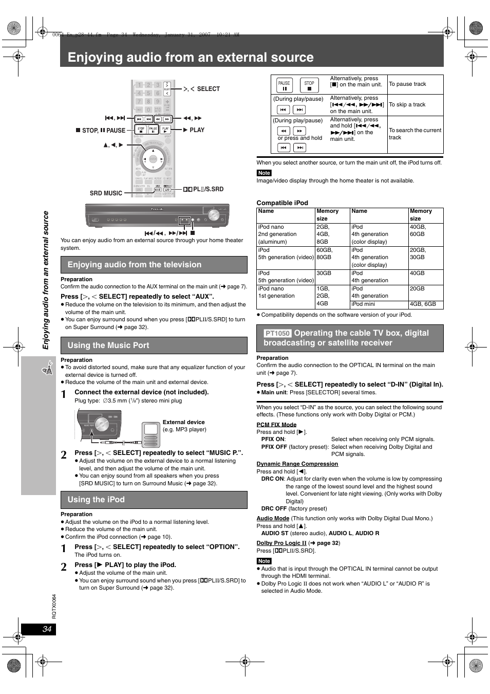 Enjoying audio from an external source | Panasonic SCPT1050 User Manual | Page 34 / 44