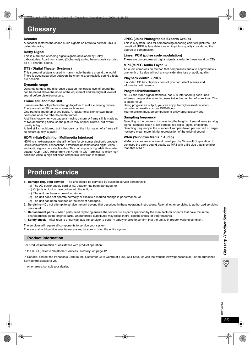 Reference, Glossary, Product service | Panasonic SCPT1050 User Manual | Page 35 / 44