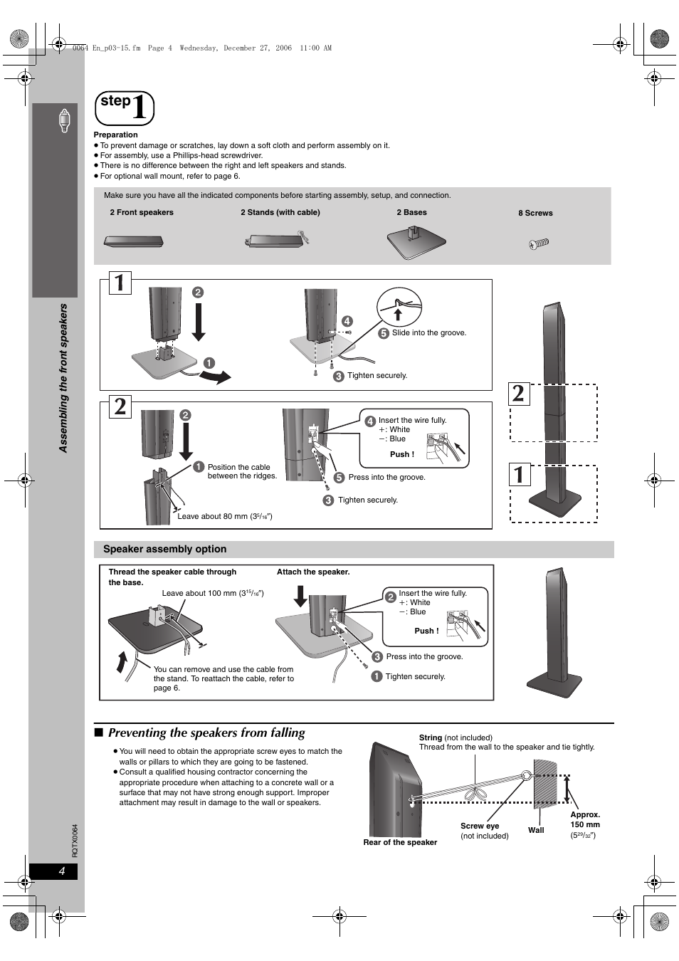 Step 1 assembling the front speakers, Step, Assembling the front speakers | Preventing the speakers from falling, Si mp le s etu p | Panasonic SCPT1050 User Manual | Page 4 / 44