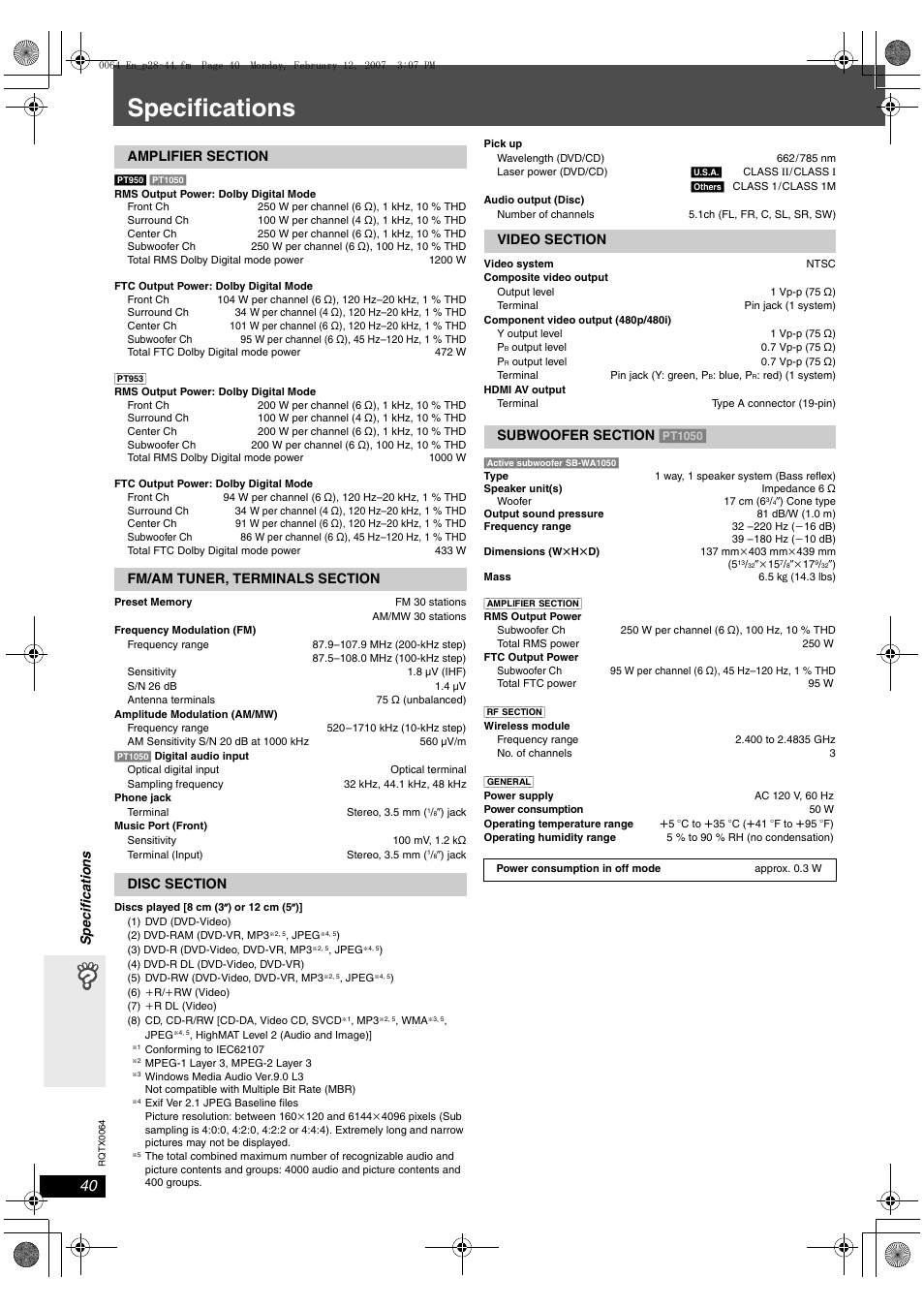 Specifications | Panasonic SCPT1050 User Manual | Page 40 / 44