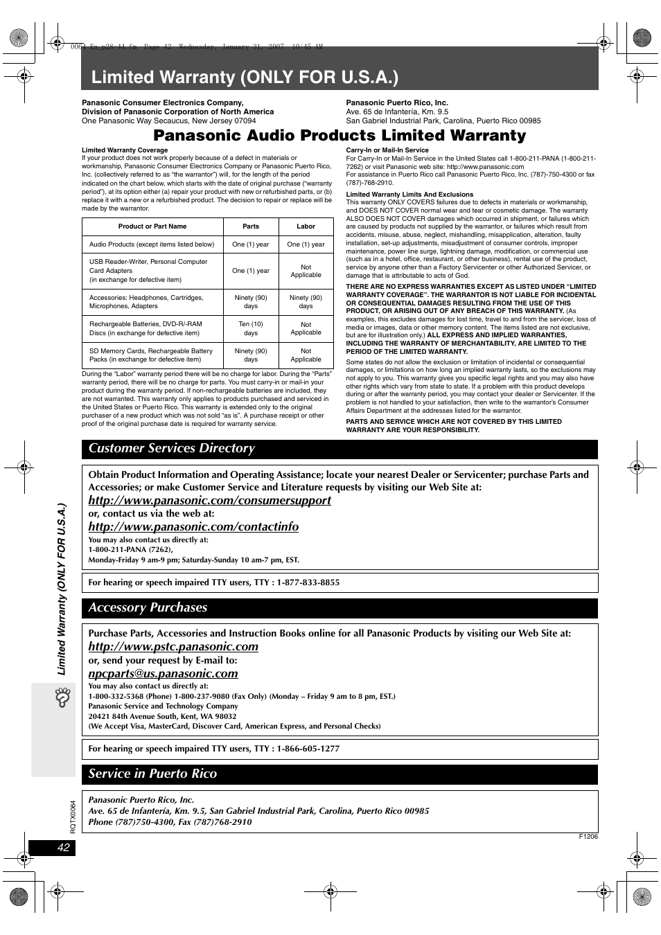 Limited warranty (only for u.s.a.), Panasonic audio products limited warranty, Customer services directory | Accessory purchases, Service in puerto rico | Panasonic SCPT1050 User Manual | Page 42 / 44