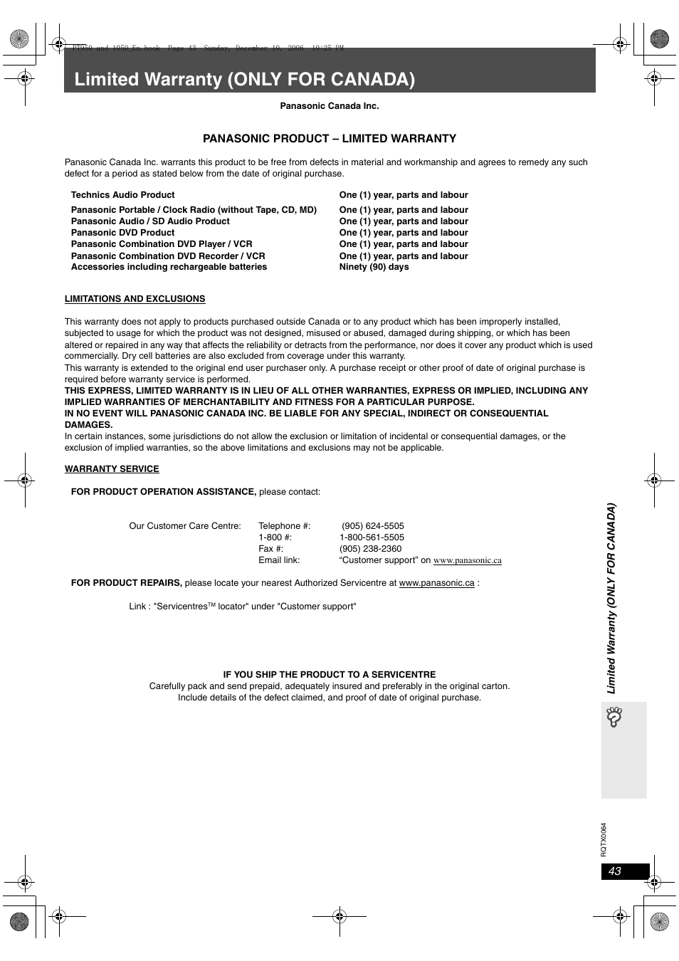 Limited warranty (only for canada) | Panasonic SCPT1050 User Manual | Page 43 / 44