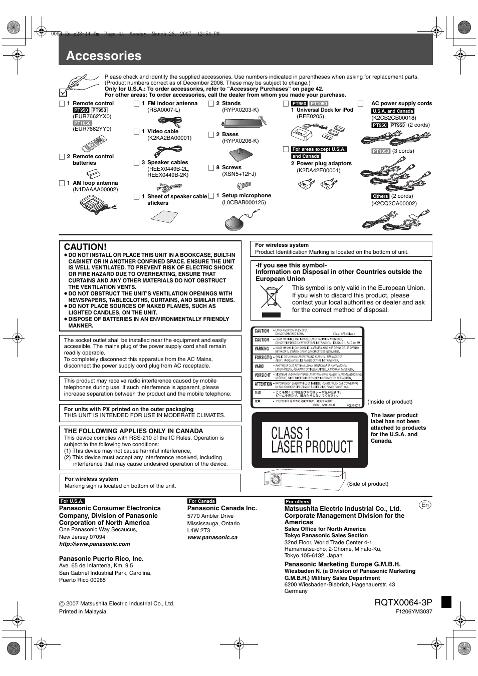 Accessories, Caution | Panasonic SCPT1050 User Manual | Page 44 / 44