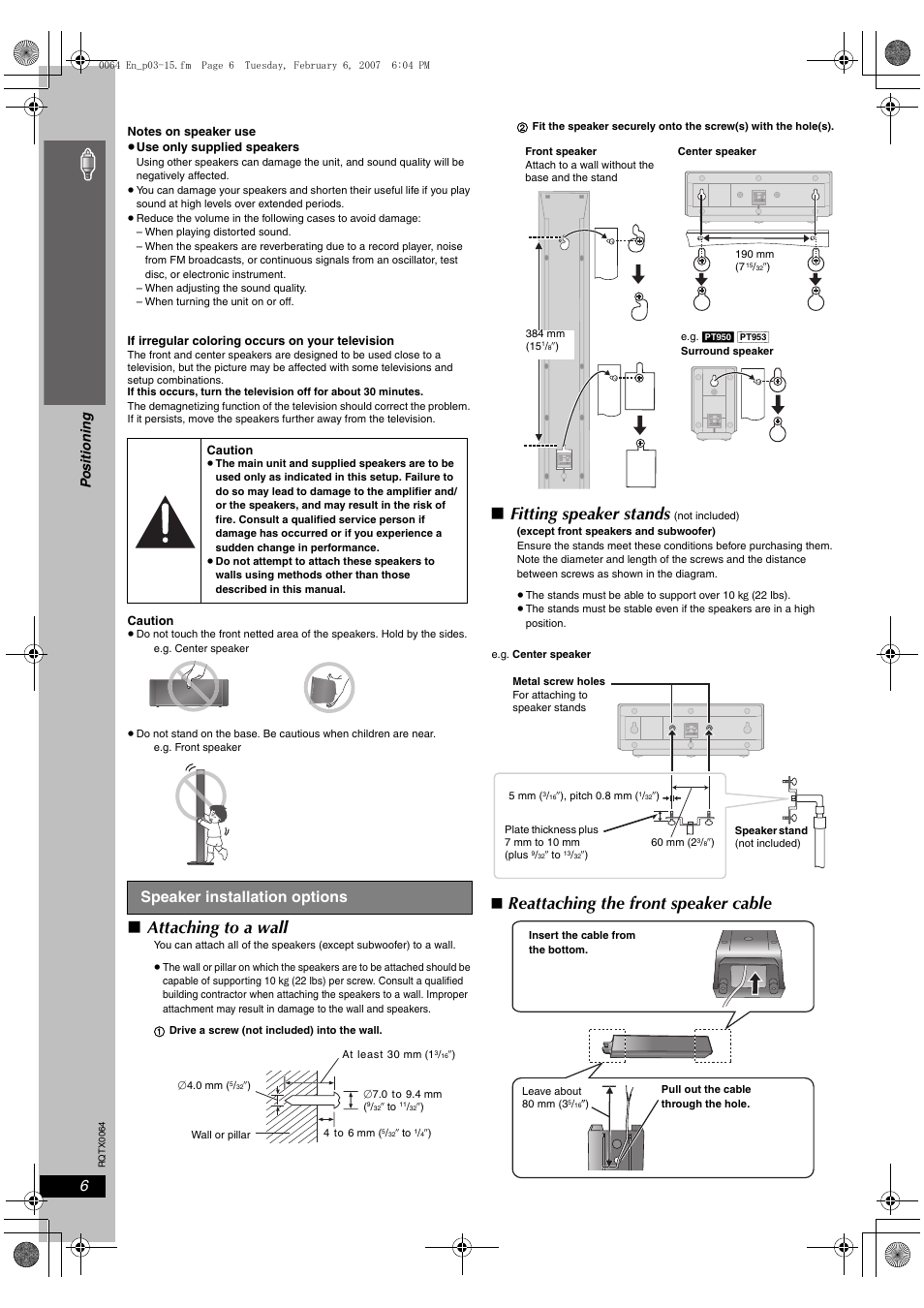 Attaching to a wall, Fitting speaker stands, Reattaching the front speaker cable | Si mp le s etu p, Speaker installation options, Po s it io n in g | Panasonic SCPT1050 User Manual | Page 6 / 44