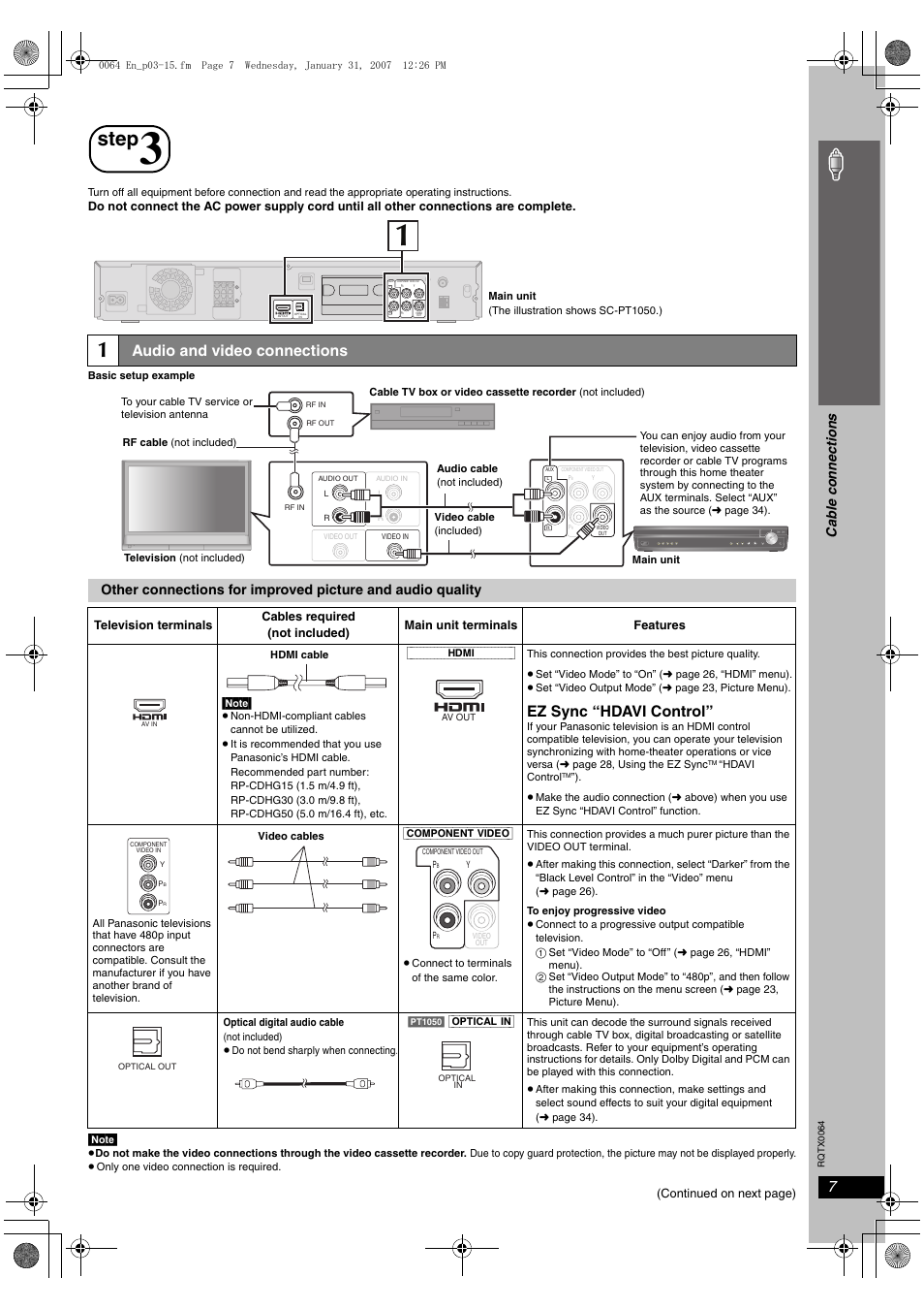 Step 3 cable connections, Step, Cable connections | Si mp le s etu p, Audio and video connections, Ez sync “hdavi control, Ca b le connec tions | Panasonic SCPT1050 User Manual | Page 7 / 44
