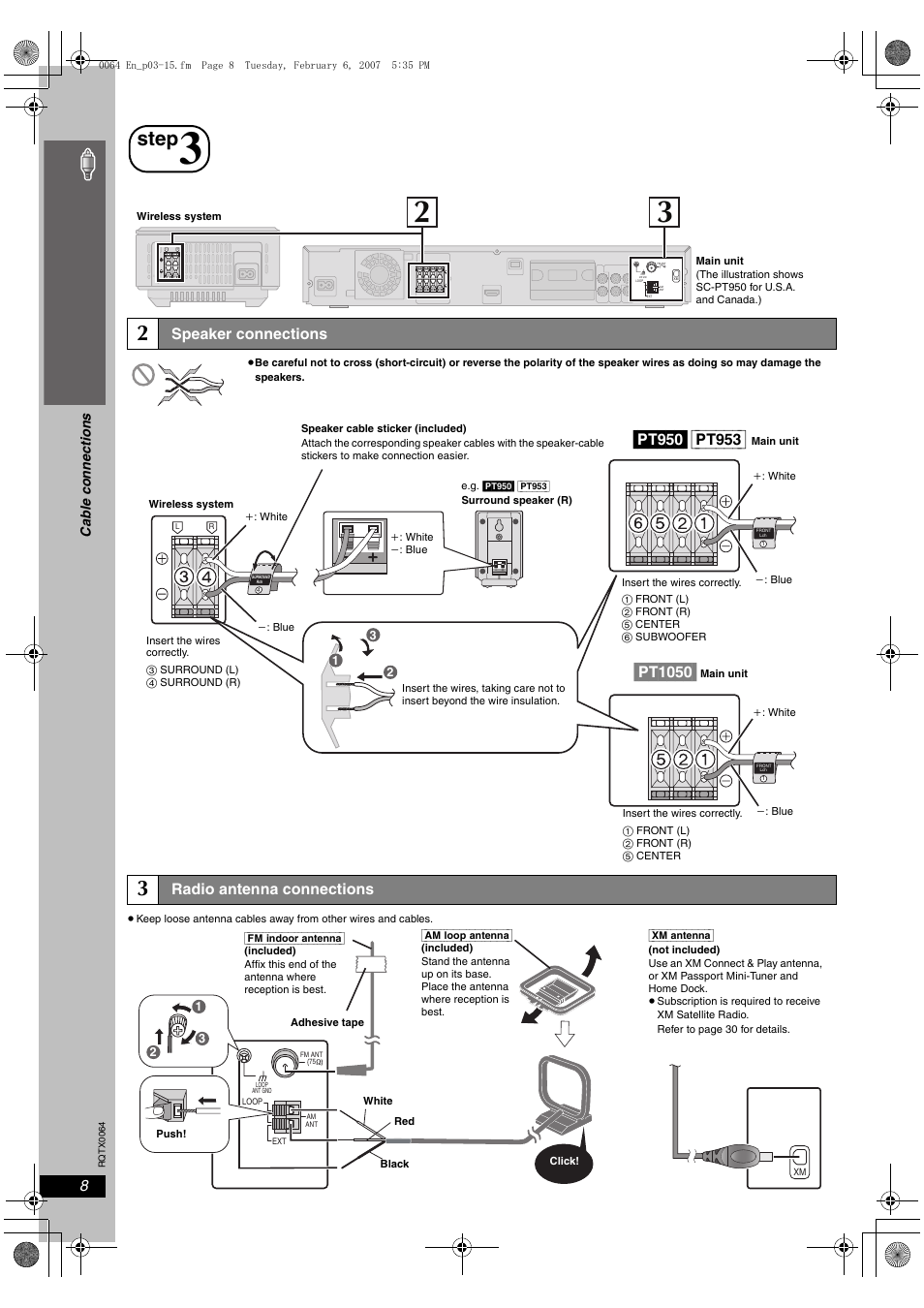 Step, Pt950, Pt953 | Pt1050, Si mp le s etu p, Speaker connections, Radio antenna connections, Cable connections, Ca b le connec tions | Panasonic SCPT1050 User Manual | Page 8 / 44