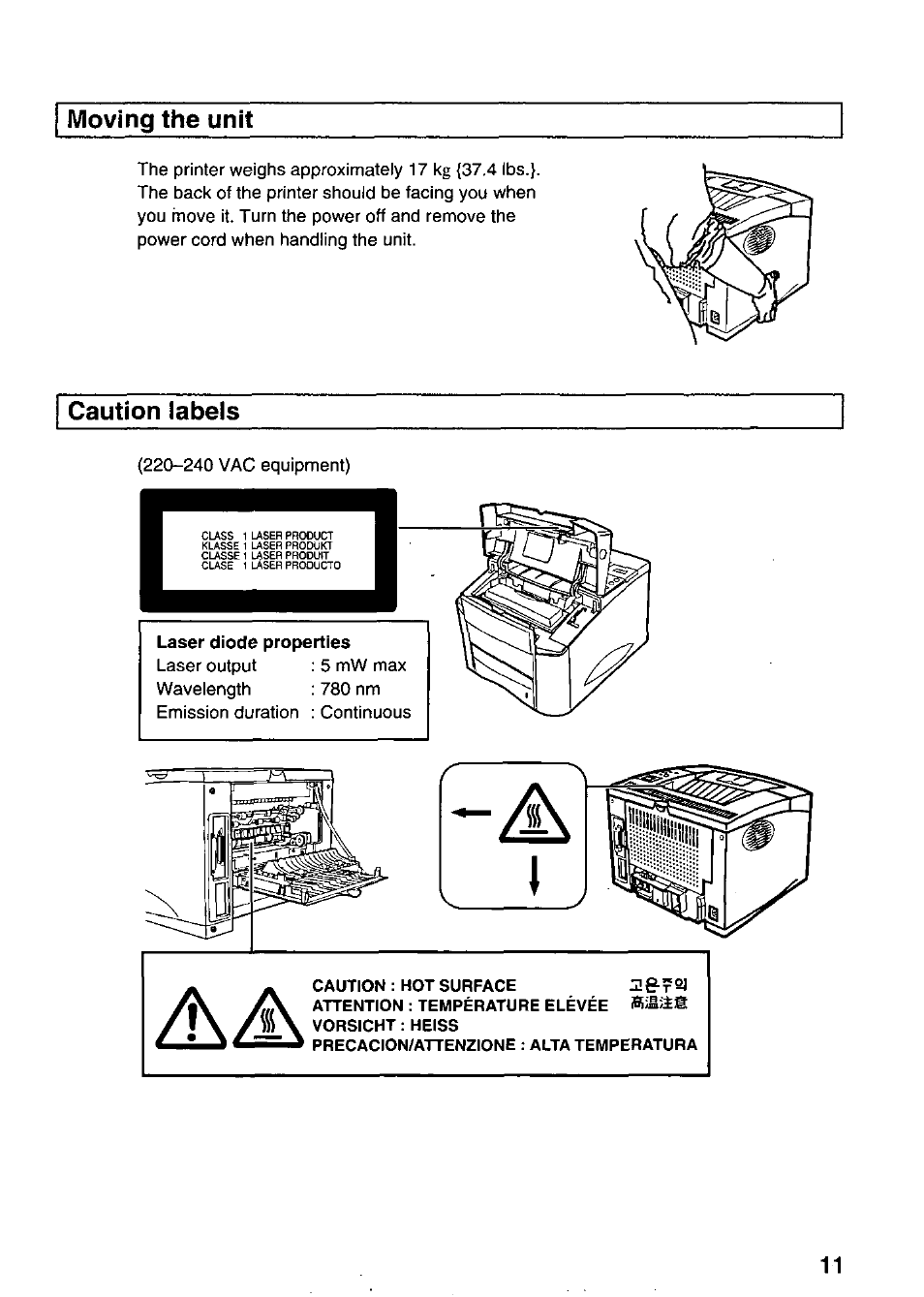 Moving the unit, Caution labels | Panasonic KX-P7510 User Manual | Page 11 / 68