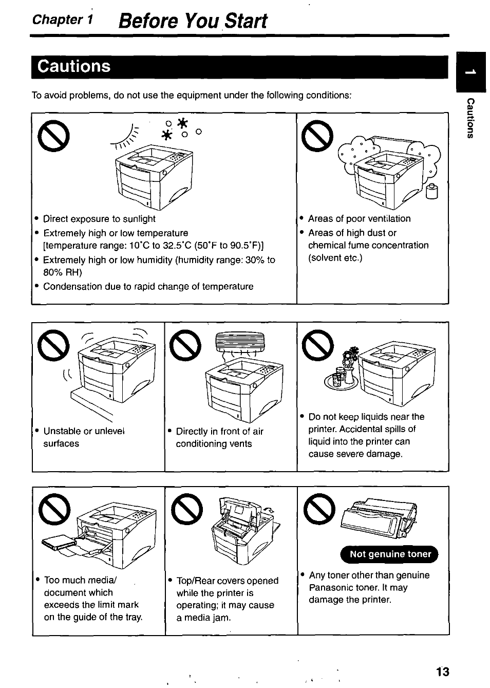 Before you start, Cautions | Panasonic KX-P7510 User Manual | Page 13 / 68