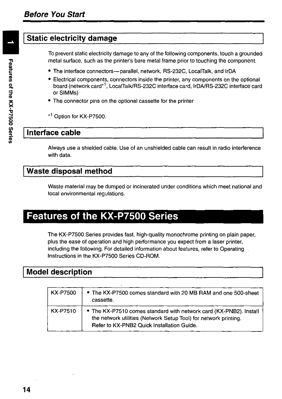 Static electricity damage, Interface cable, Waste disposal method | Model description, Features of the kx-p7500 series, Before you start | Panasonic KX-P7510 User Manual | Page 14 / 68