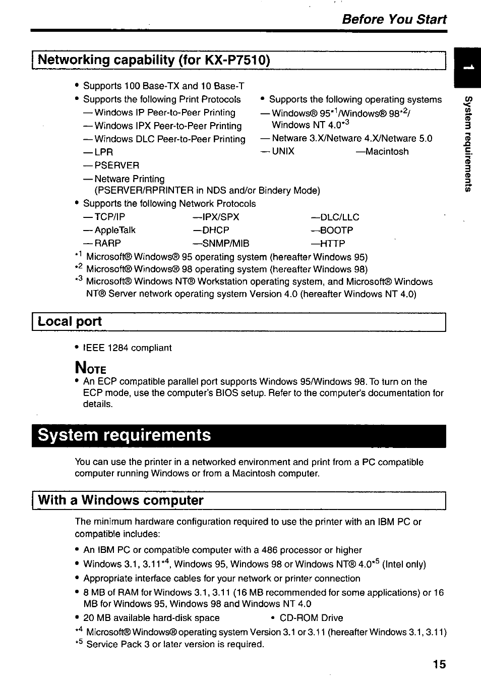 Networking capability (for kx-p7510), Local port, With a windows computer | System requirements, Before you start | Panasonic KX-P7510 User Manual | Page 15 / 68