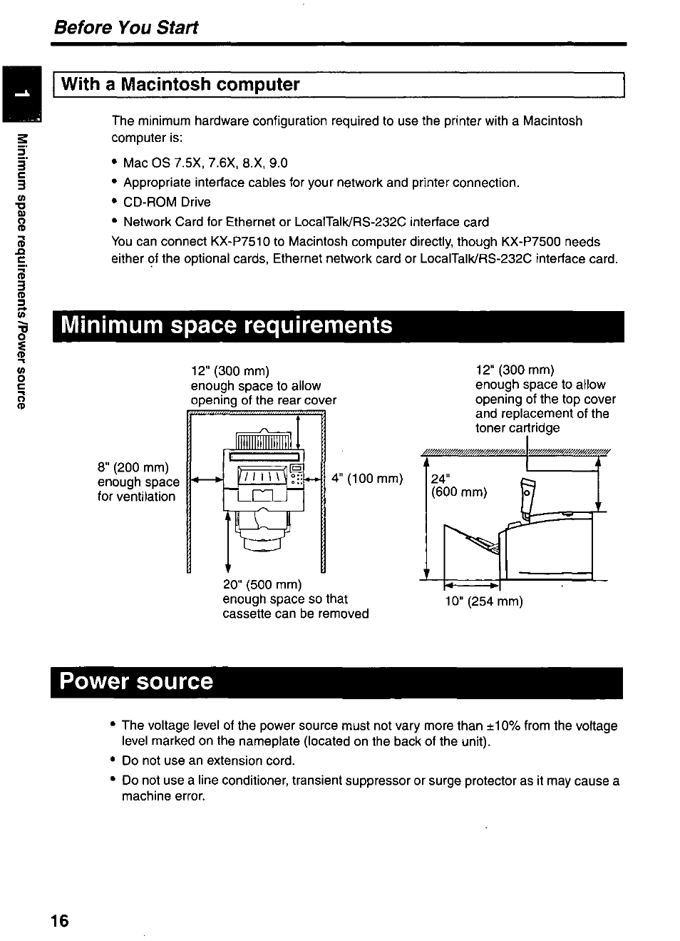 With a macintosh computer, Minimum space requirements, Power source | Before you start | Panasonic KX-P7510 User Manual | Page 16 / 68