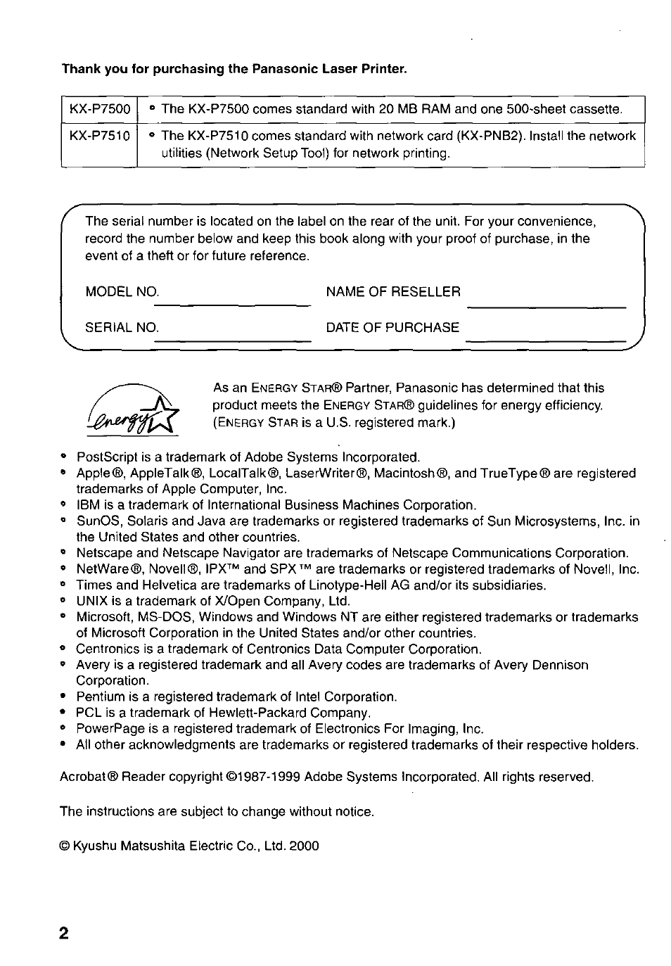 Panasonic KX-P7510 User Manual | Page 2 / 68