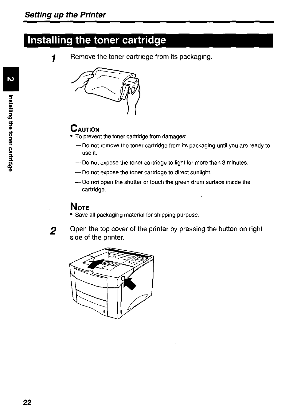 Y remove the toner cartridge from its packaging, Installing the toner cartridge, Setting up the printer | Panasonic KX-P7510 User Manual | Page 22 / 68