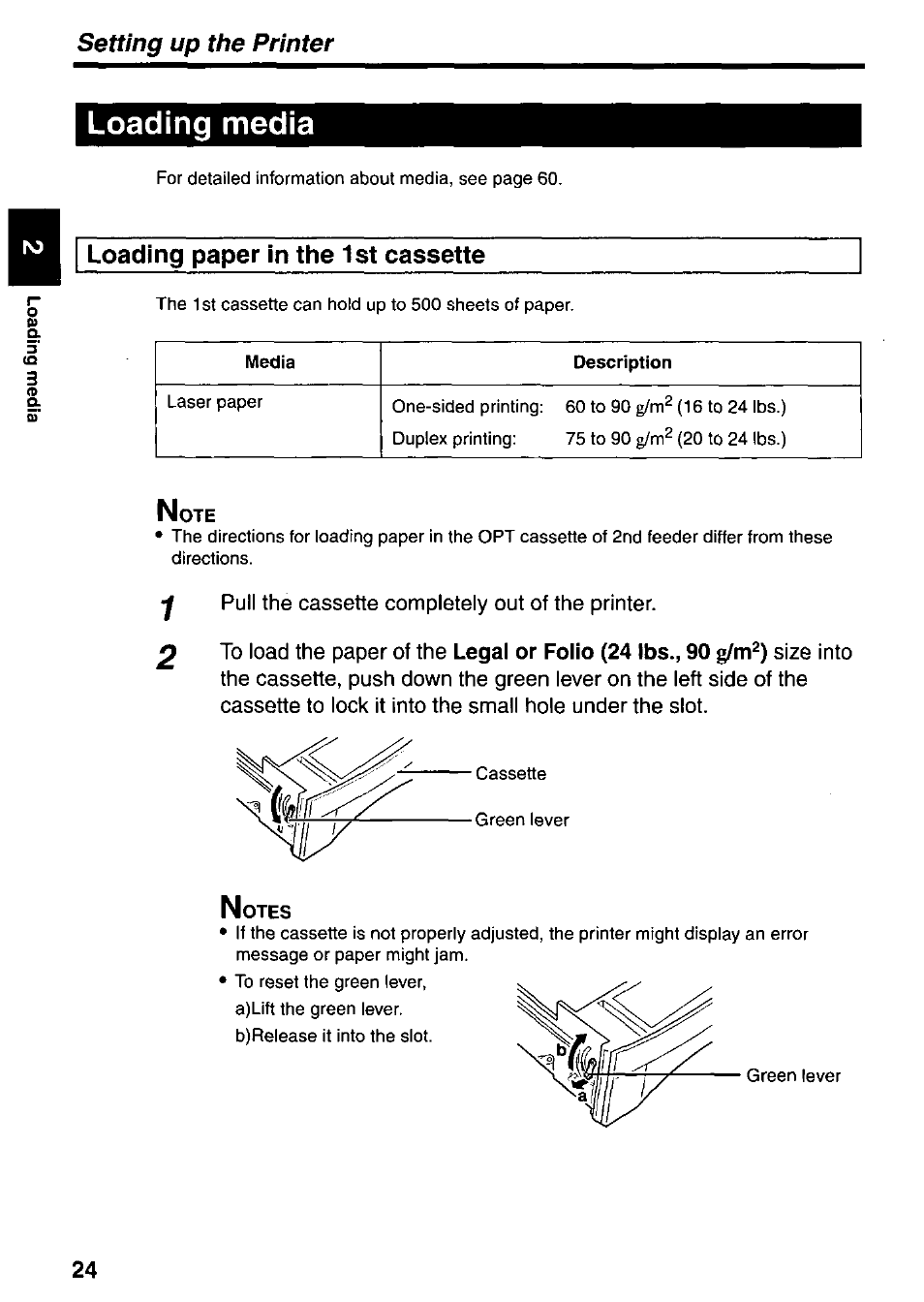 Loading paper in the 1st cassette, У pull the cassette completely out of the printer, Loading media | Setting up the printer | Panasonic KX-P7510 User Manual | Page 24 / 68
