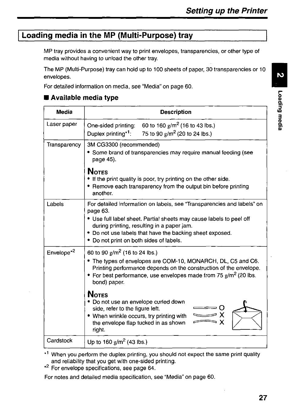 Loading media in the mp (muiti-purpose) tray, Available media type, Loading media in the mp (multi-purpose) tray | Setting up the printer | Panasonic KX-P7510 User Manual | Page 27 / 68