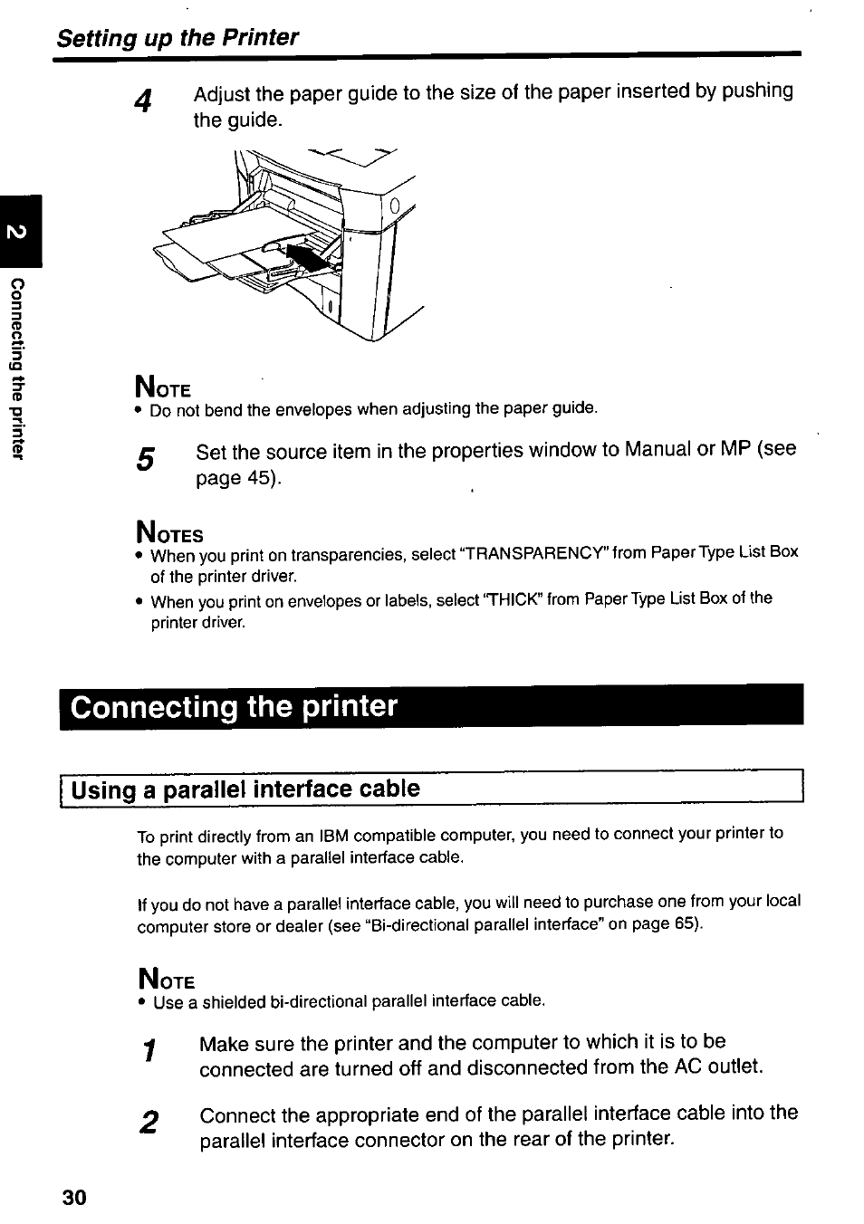 Using a parallel interface cable, Connecting the printer, Setting up the printer | Panasonic KX-P7510 User Manual | Page 30 / 68