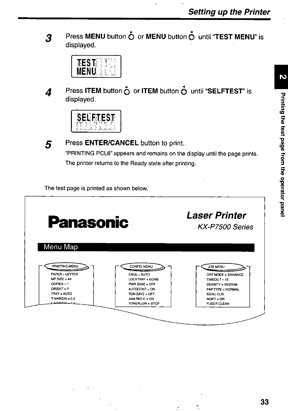 G press enter/cancel button to print, Menu map, Panasonic | Laser printer, Setting up the printer, Kx-p7500 series, Menu, Test menu, Item, Selftest | Panasonic KX-P7510 User Manual | Page 33 / 68